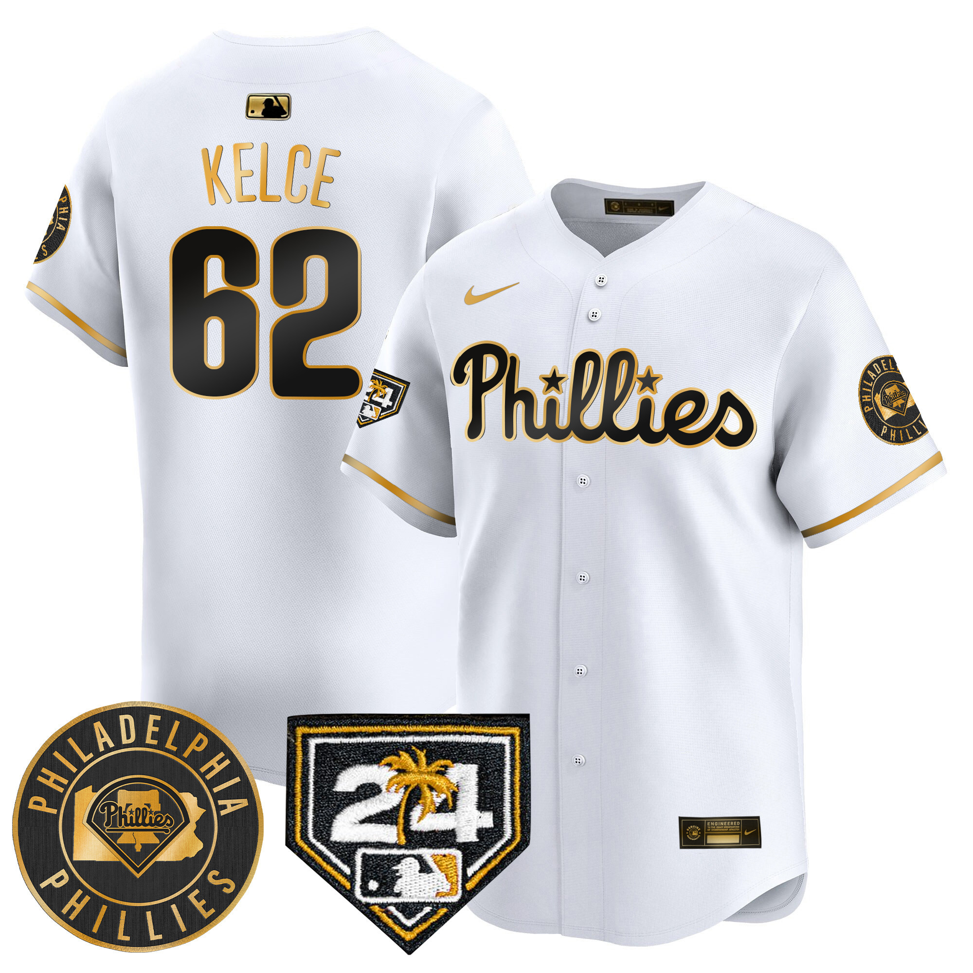 Jason Kelce Men's Philadelphia Phillies Spring Training Patch Vapor Premier Limited V2 White Gold Jersey