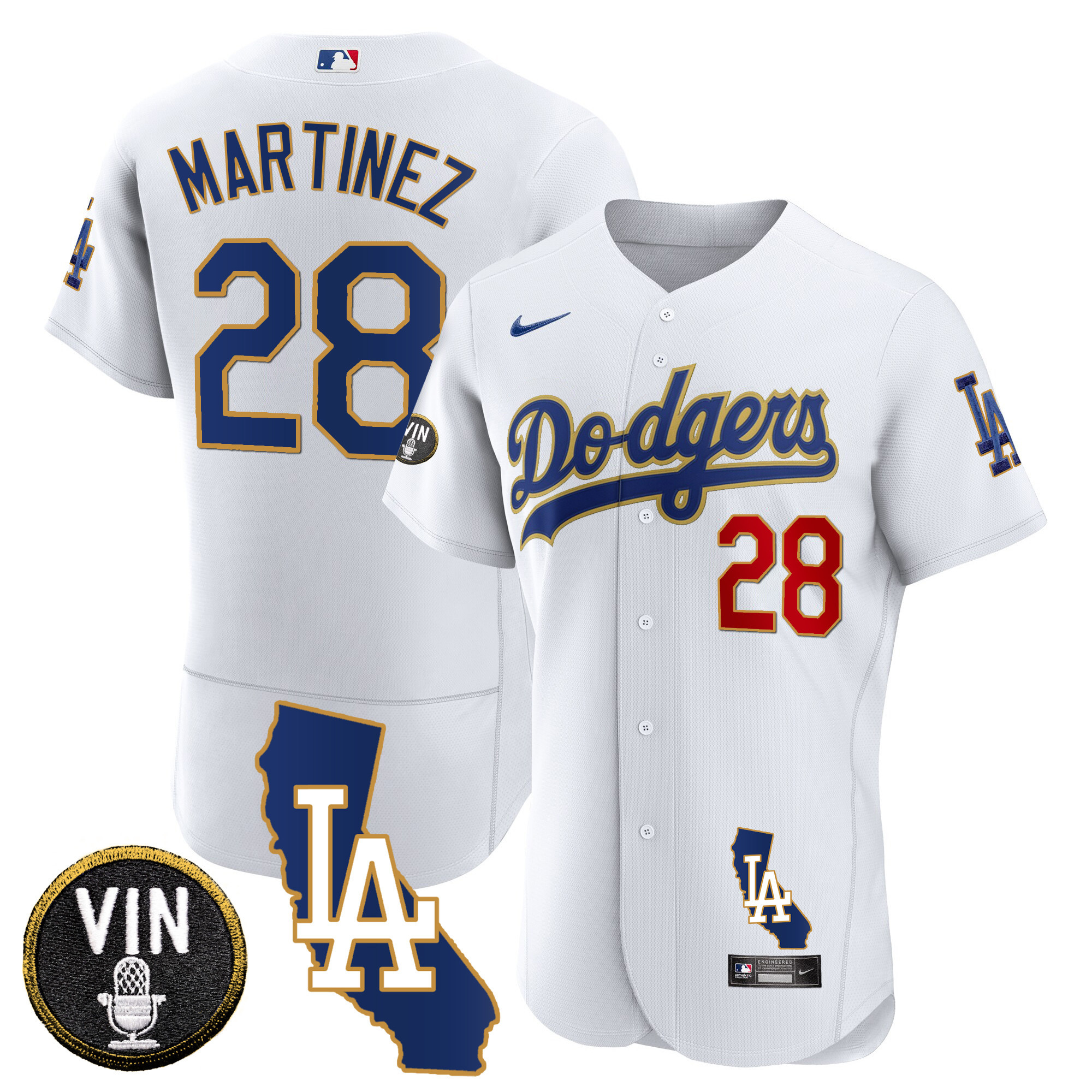 J.D. Martinez Men's Los Angeles Dodgers California Patch Gold Trim Flex Base White Jersey