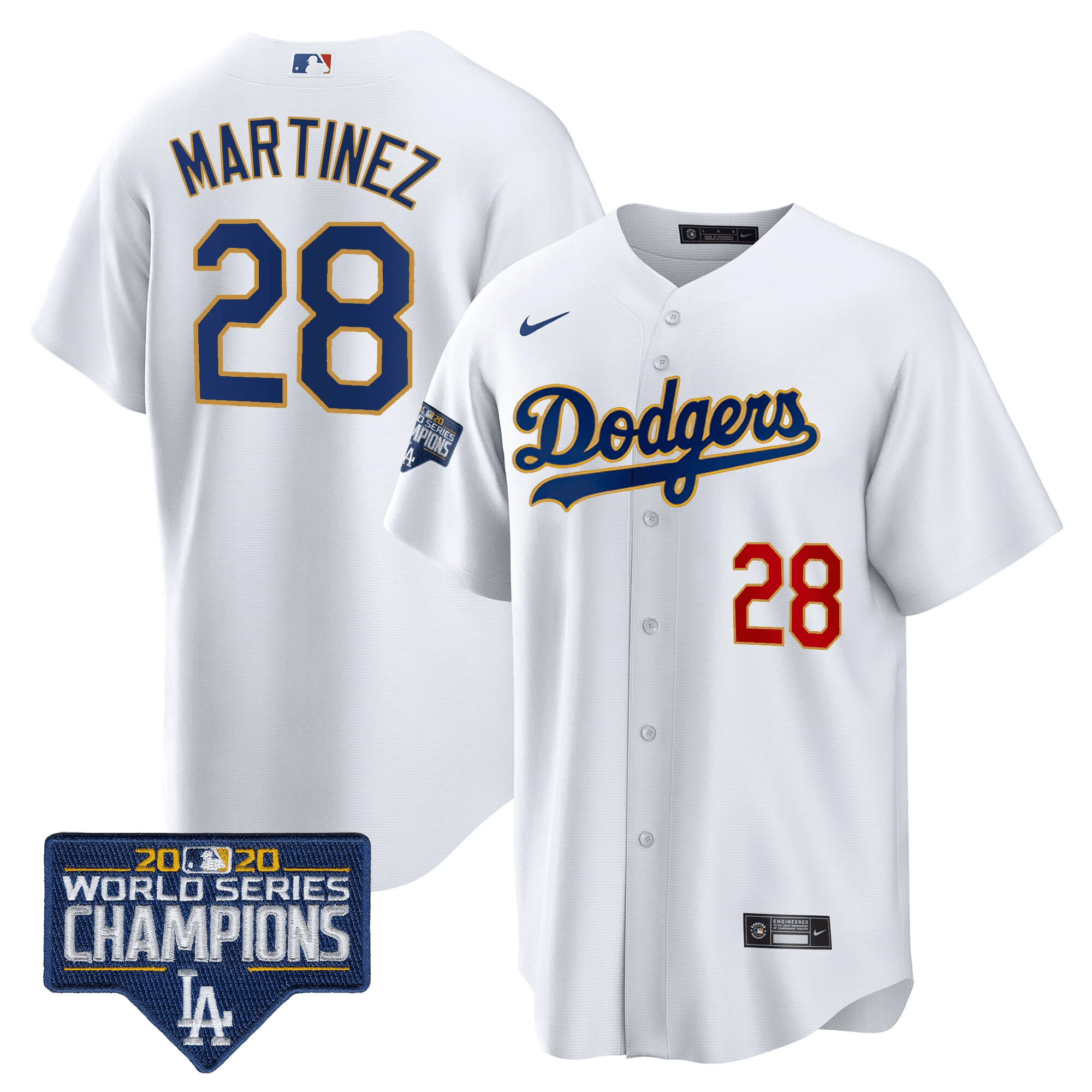 J.D. Martinez Men's Los Angeles Dodgers World Series Champions Patch Cool Base Gold Trim White Jersey