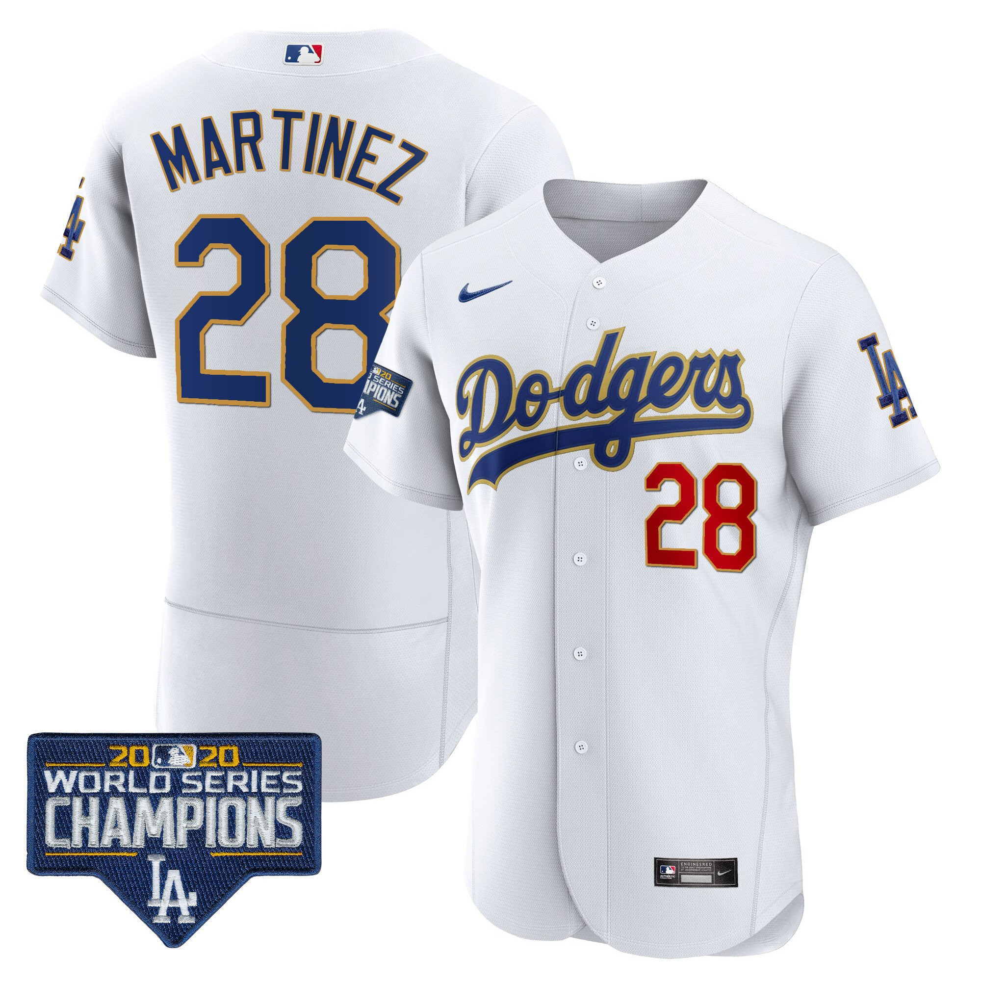 J.D. Martinez Men's Los Angeles Dodgers World Series Champions Patch Flex Base Gold Trim White Jersey