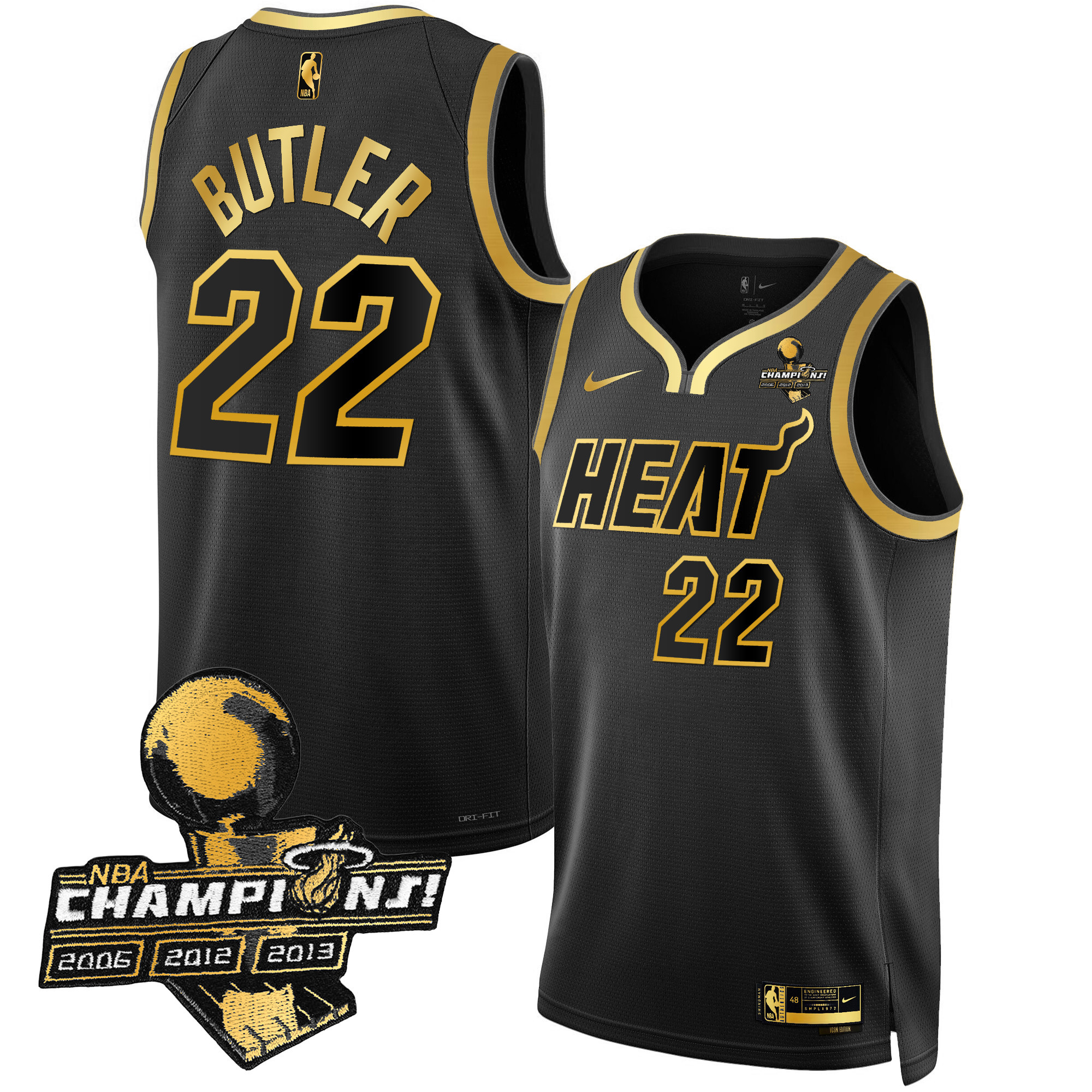 Jimmy Butler Men's Miami Heat 3-Time Champions Patch Collection Black Gold Jersey - All Stitched