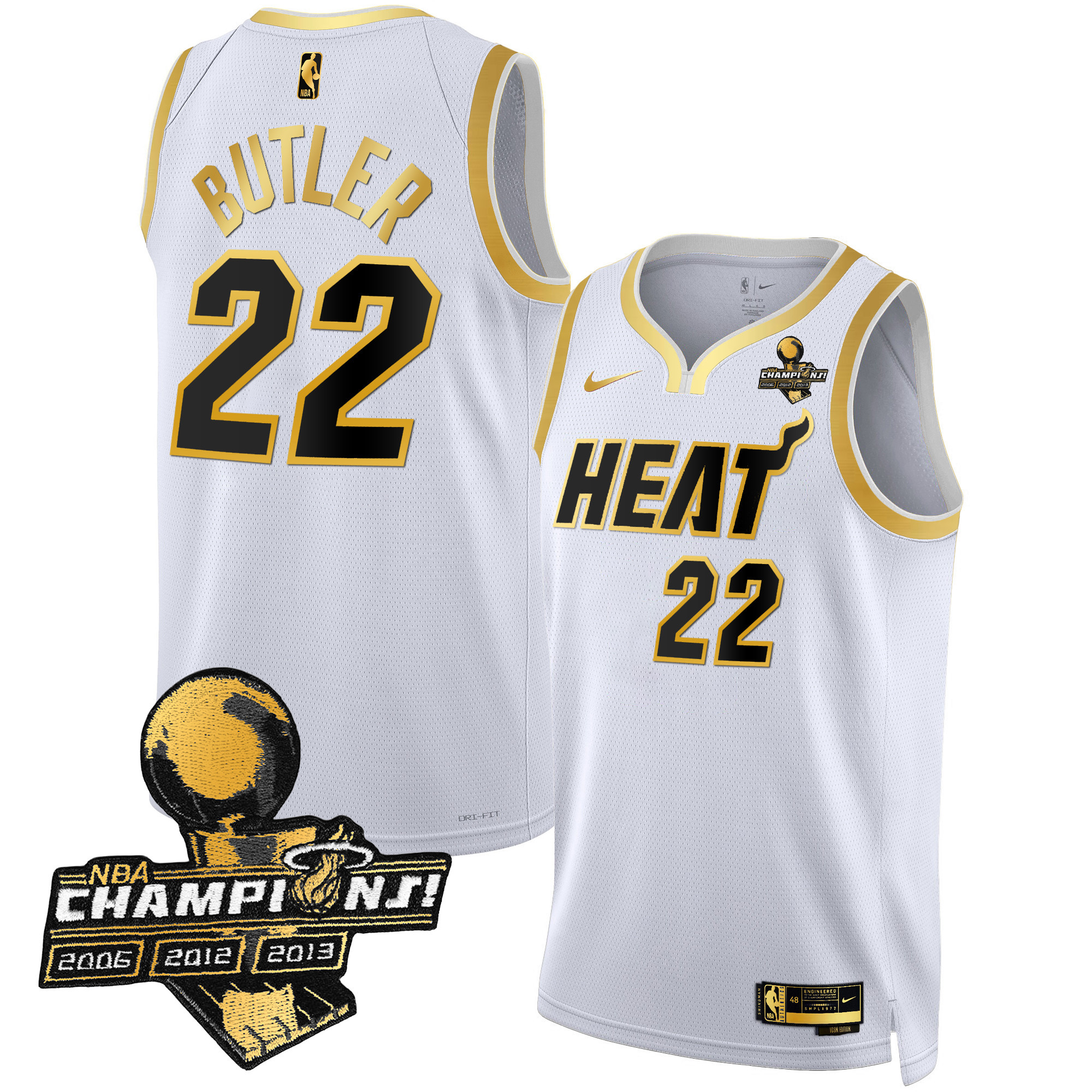 Jimmy Butler Men's Miami Heat 3-Time Champions Patch Collection White Gold Jersey - All Stitched