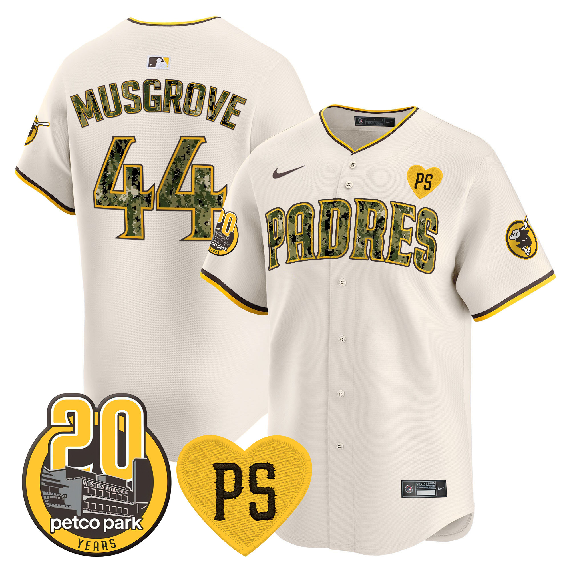 Joe Musgrove Men's San Diego Padres "For Peter" & Petco Park 20th Patch USMC Vapor Premier Limited V2 Cream Jersey