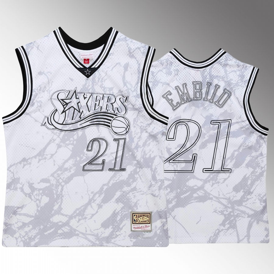 Joel Embiid #21 Philadelphia 76ers Marble White Hardwood Classics Jersey