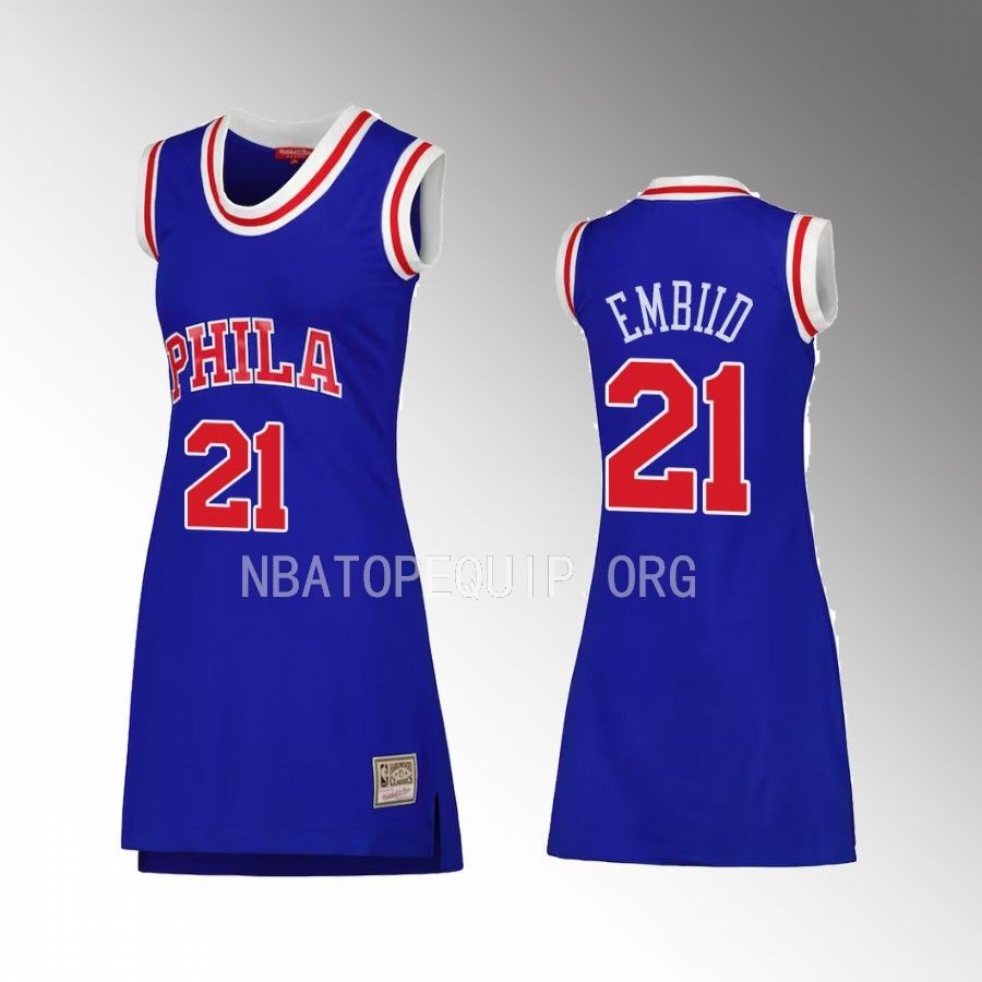 Joel Embiid Philadelphia 76ers #21 Mitchell Ness Dress Jersey Royal 1996 Hardwood Classics Women