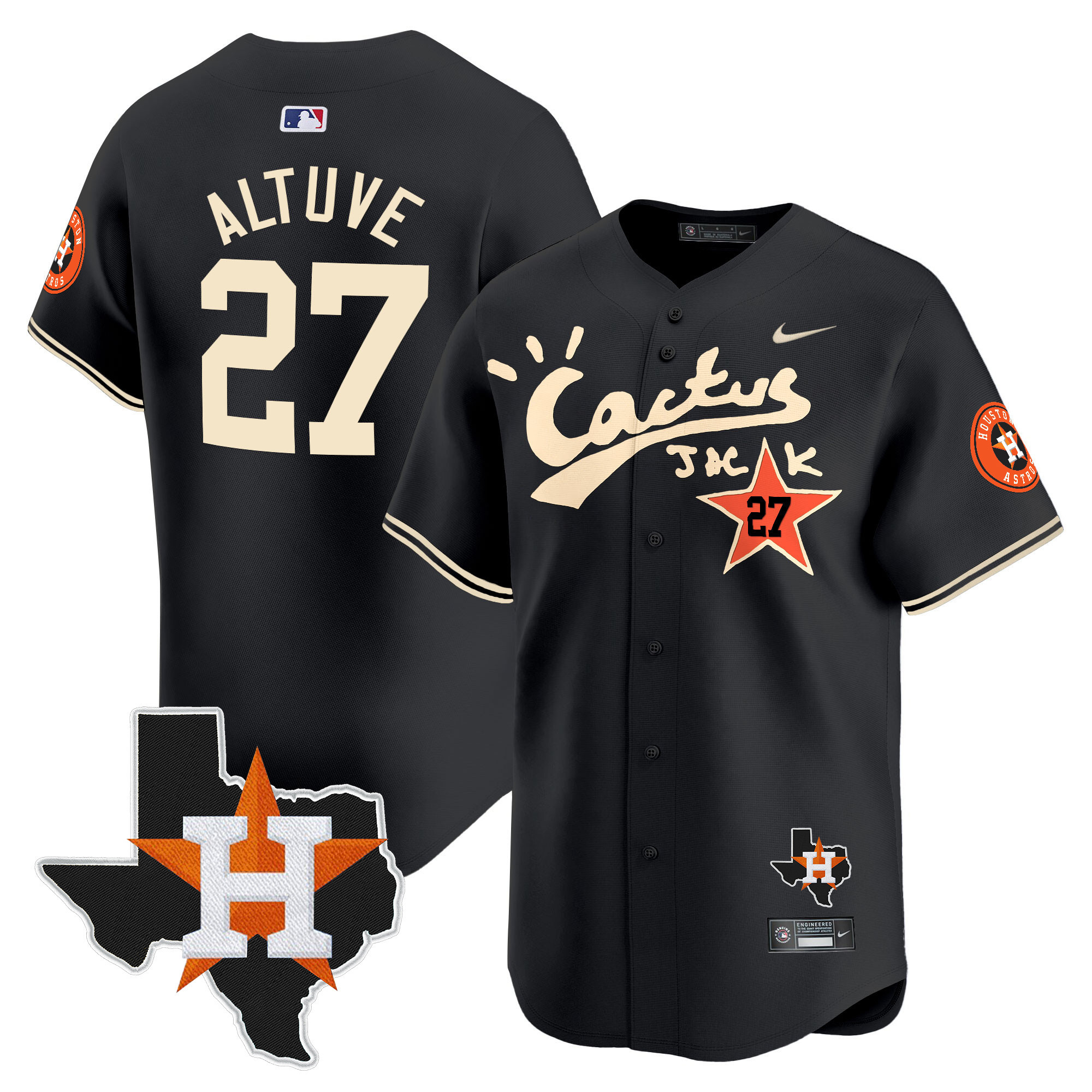 José Altuve Men's Cactus Jack Patch Vapor Premier Limited Black Jersey - All Stitched
