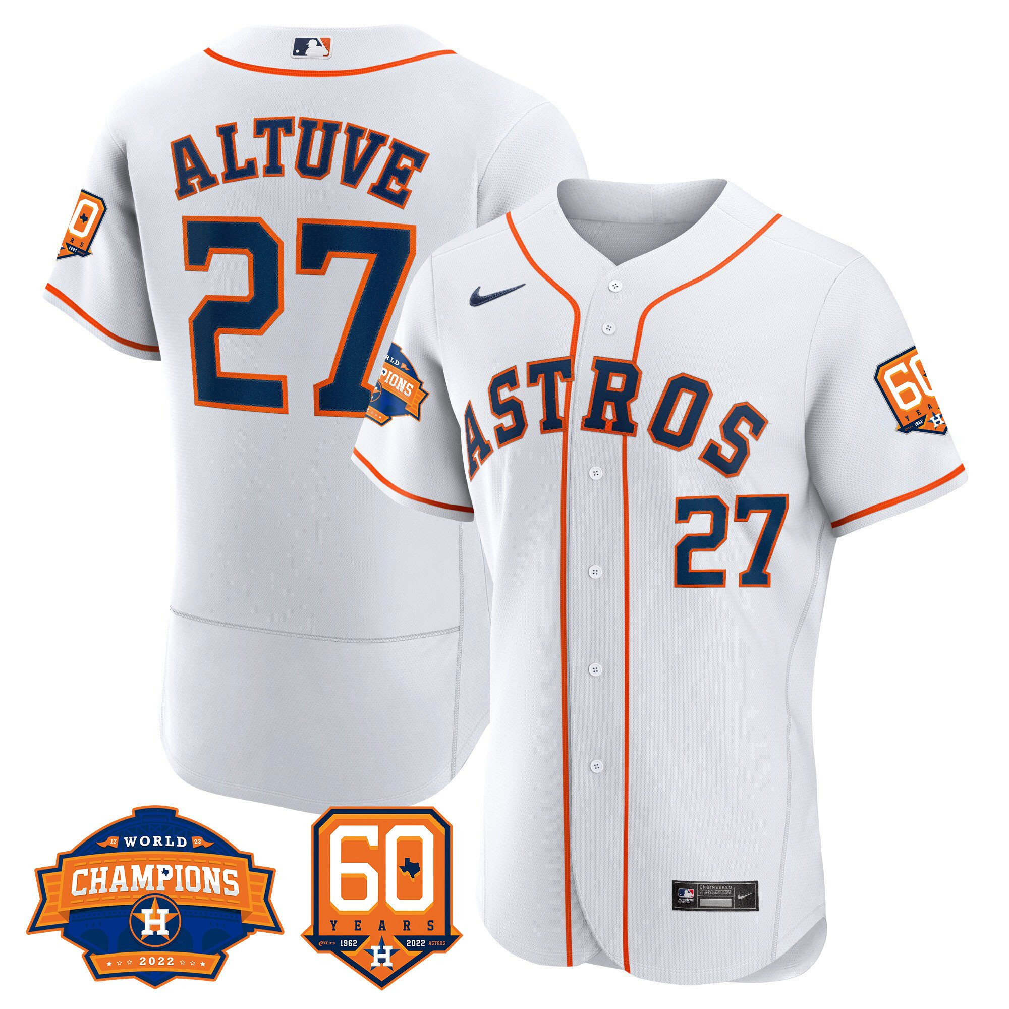 José Altuve Men's Houston Astros World Series Champions & 60th Anniversary Patch Flex Home Jersey