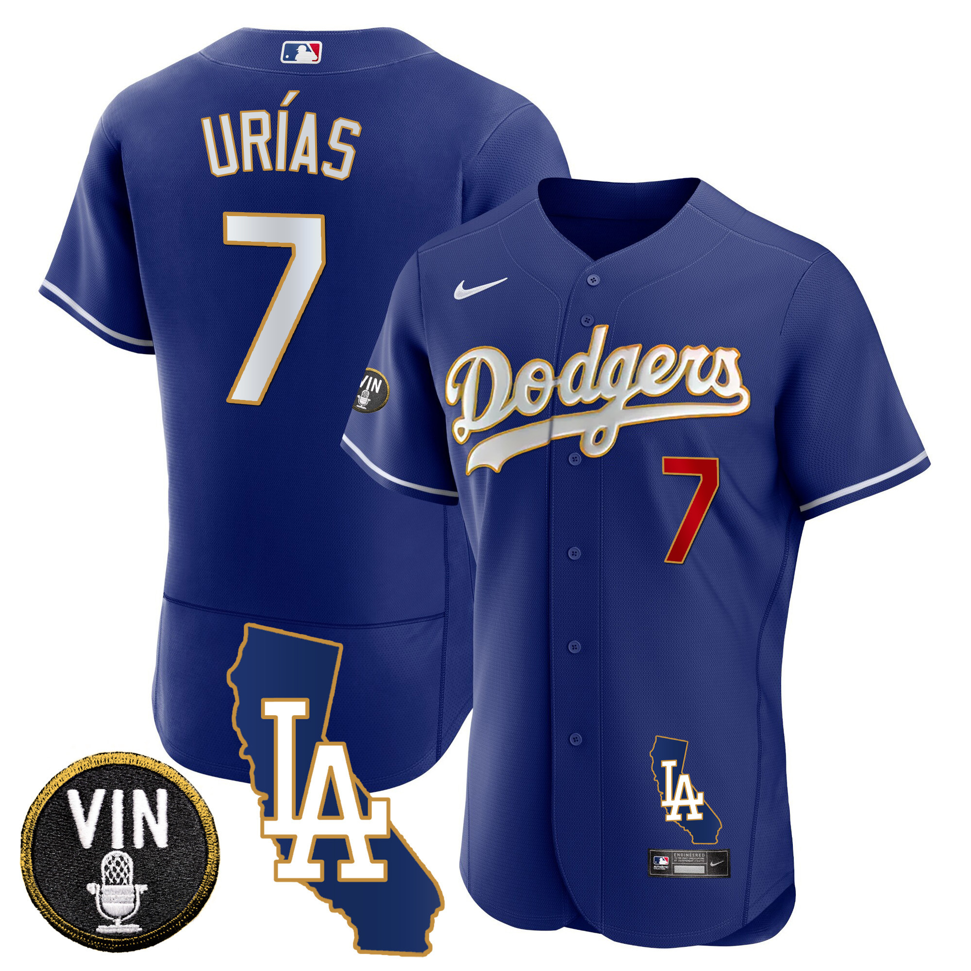Julio Urías Men's Los Angeles Dodgers California Patch Gold Trim Flex Base Royal Jersey