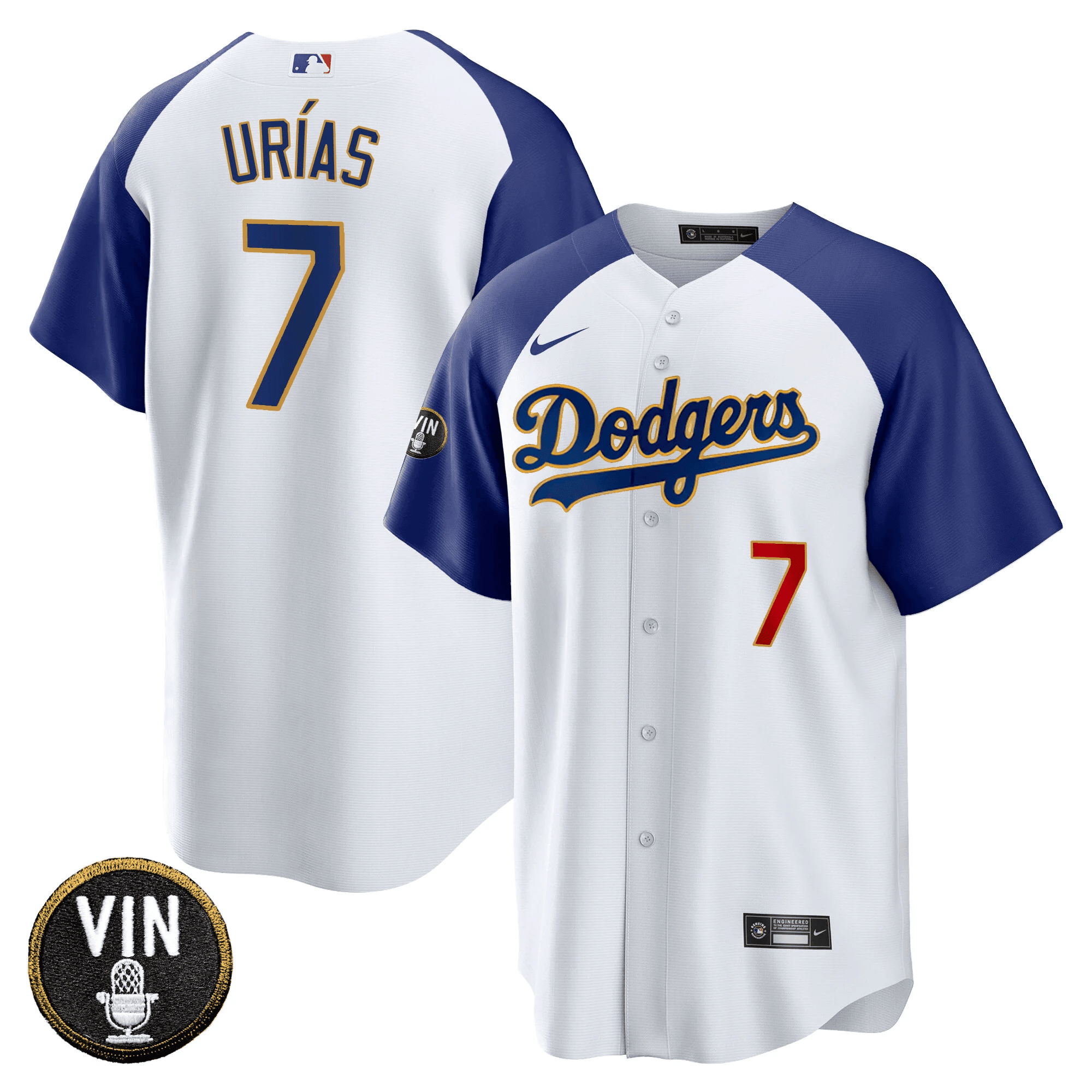 Julio Urías Men's Los Angeles Dodgers Vin Scully Patch Cool Base Gold Trim Alternate White Jersey