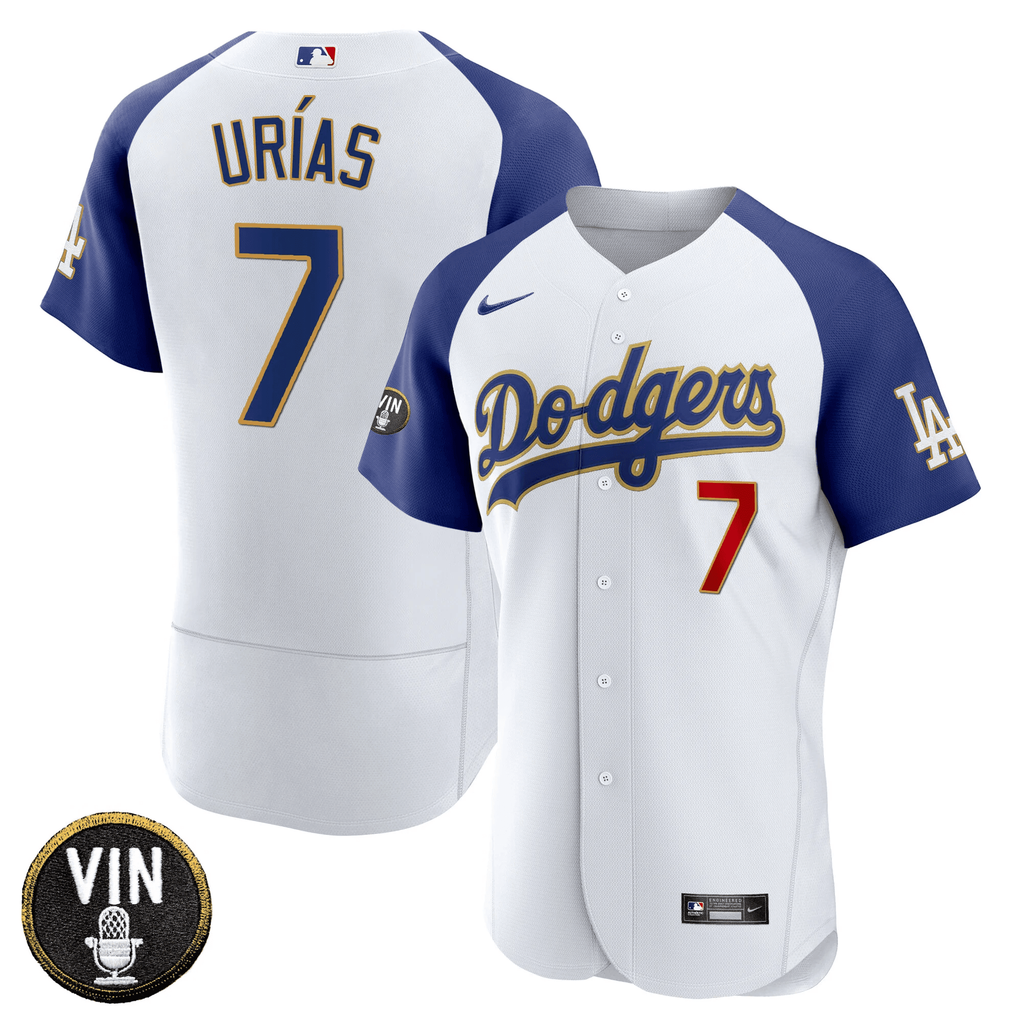 Julio Urías Men's Los Angeles Dodgers Vin Scully Patch Flex Base Gold Trim Flex White Jersey
