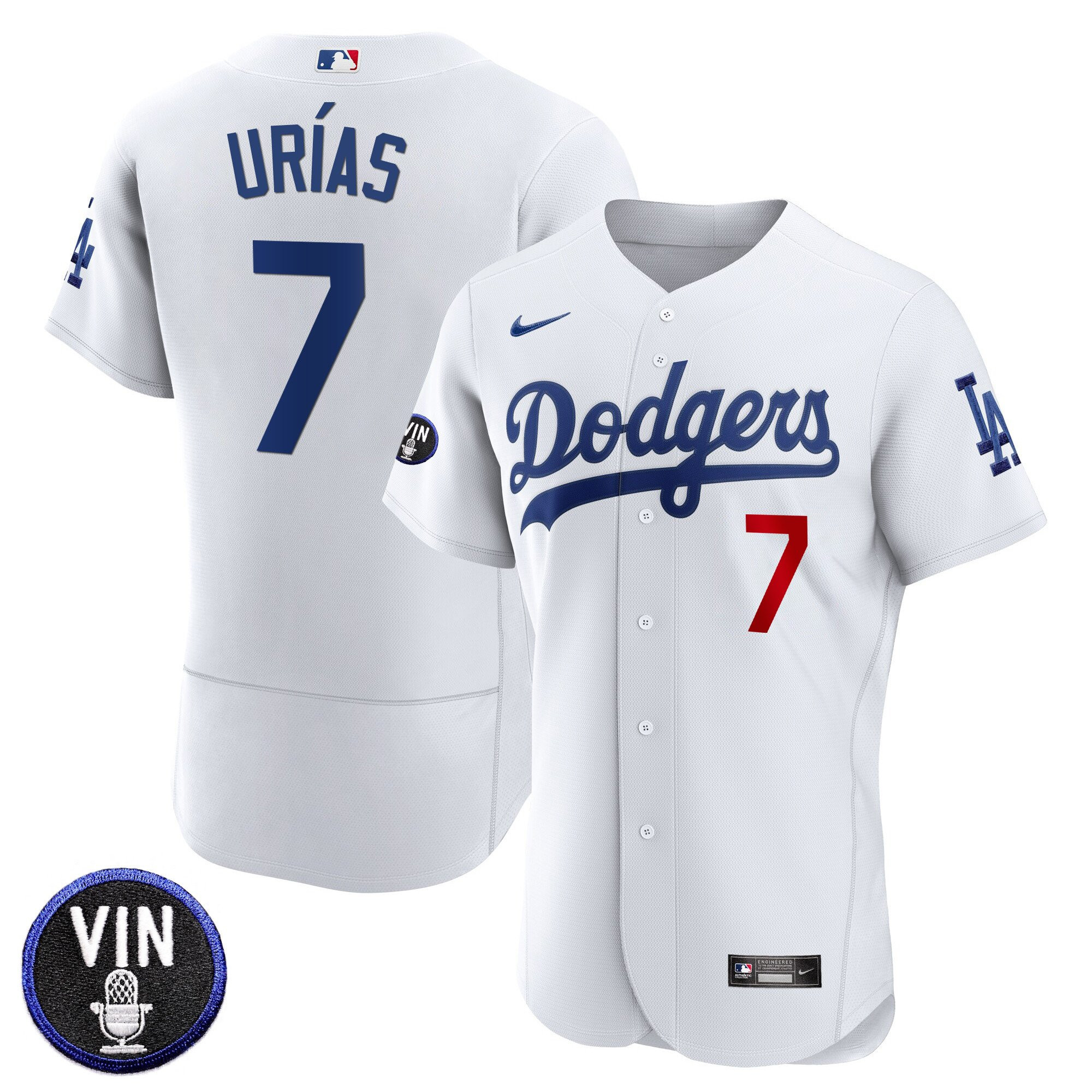 Julio Urías Men's Los Angeles Dodgers Vin Scully Patch Flex Base White Jersey