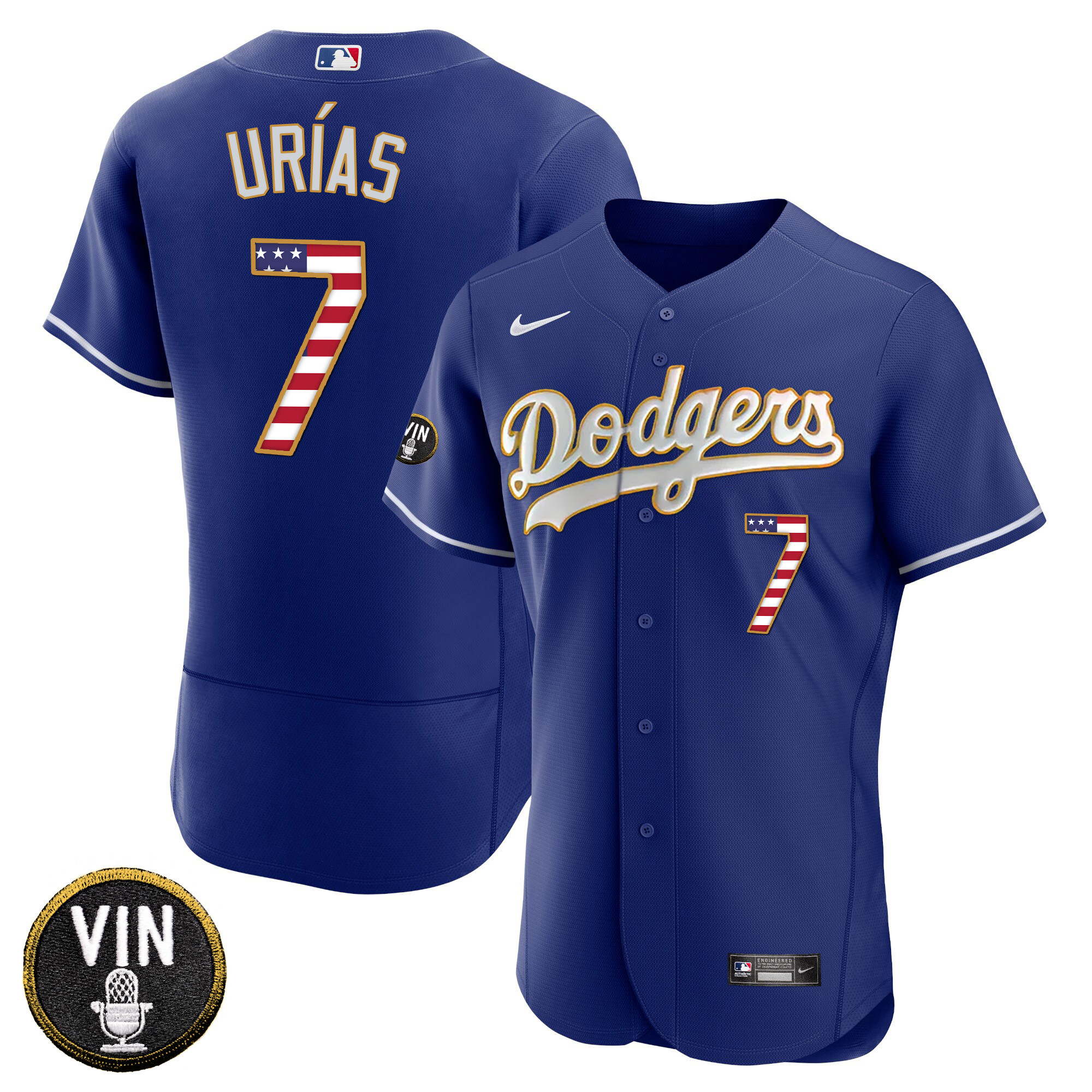Julio Urías Men's Los Angeles Dodgers Vin Scully Patch Gold Trim Flag Flex Royal Jersey