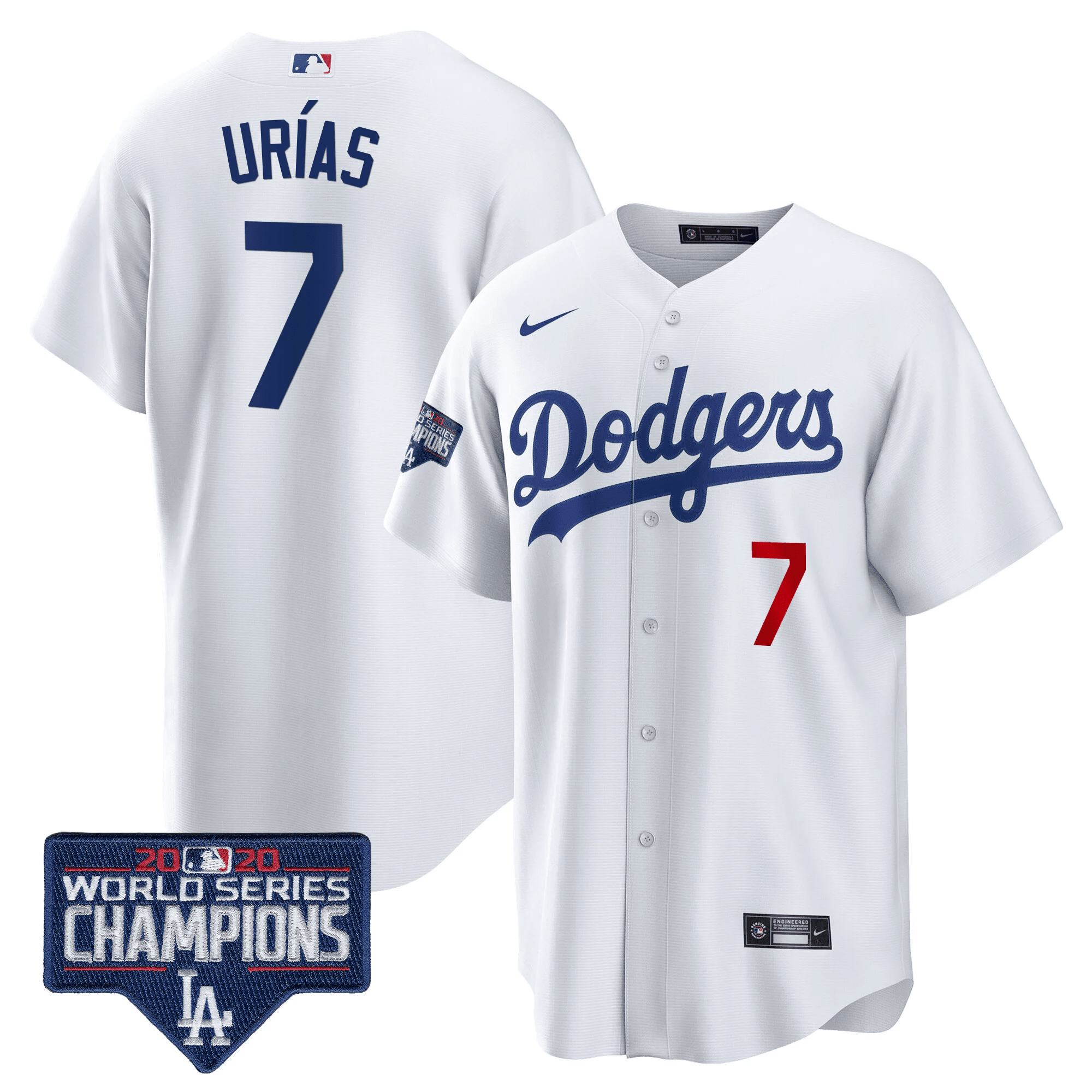 Julio Urías Men's Los Angeles Dodgers World Series Champions Patch Cool Base White Jersey
