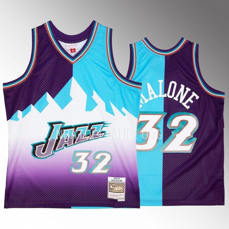 Karl Malone Utah Jazz Purple Turquoise Hardwood Classics 1996-97 Split Swingman #32 Jersey