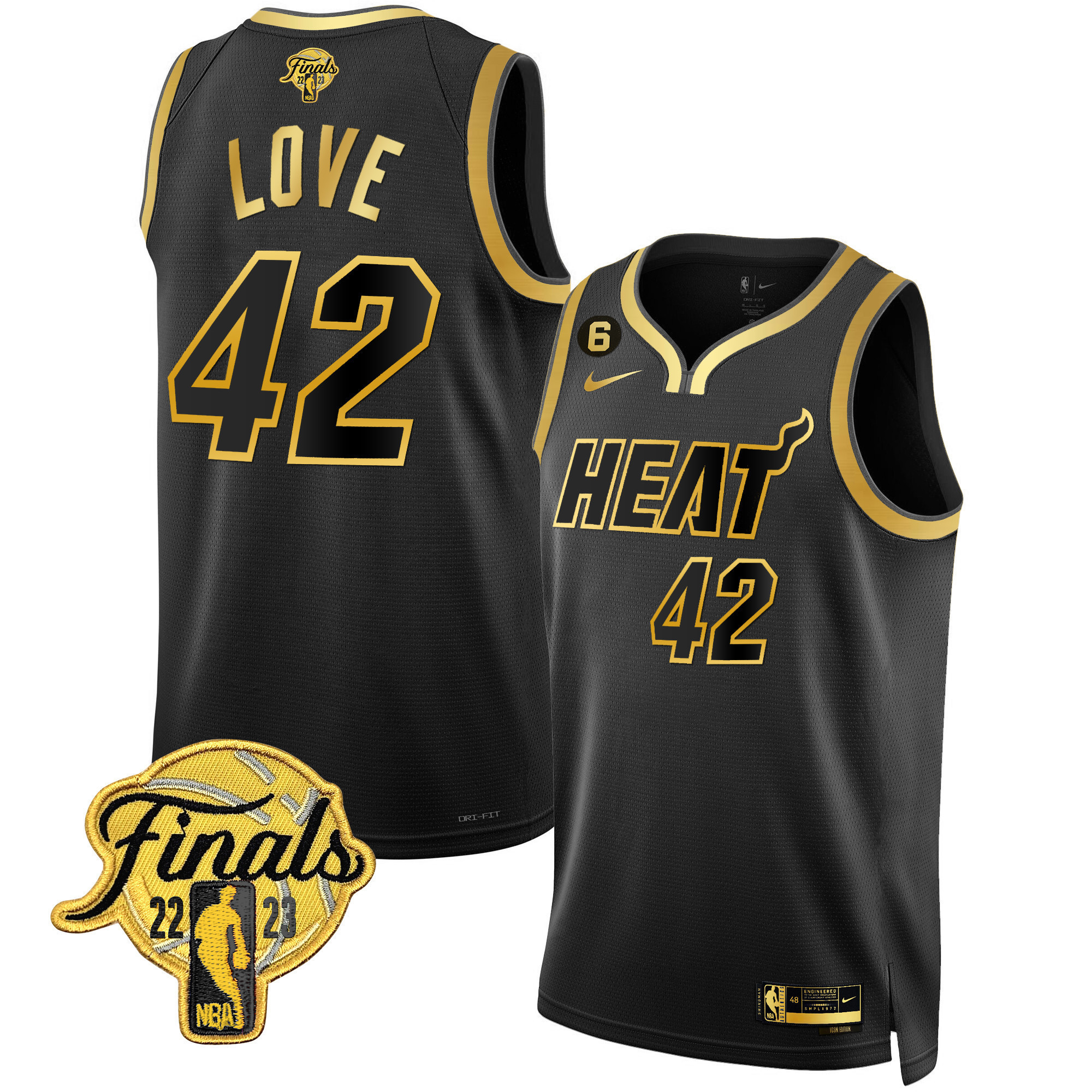Kevin Love Men's Miami Heat Finals Patch Collection Black Gold Jersey - All Stitched
