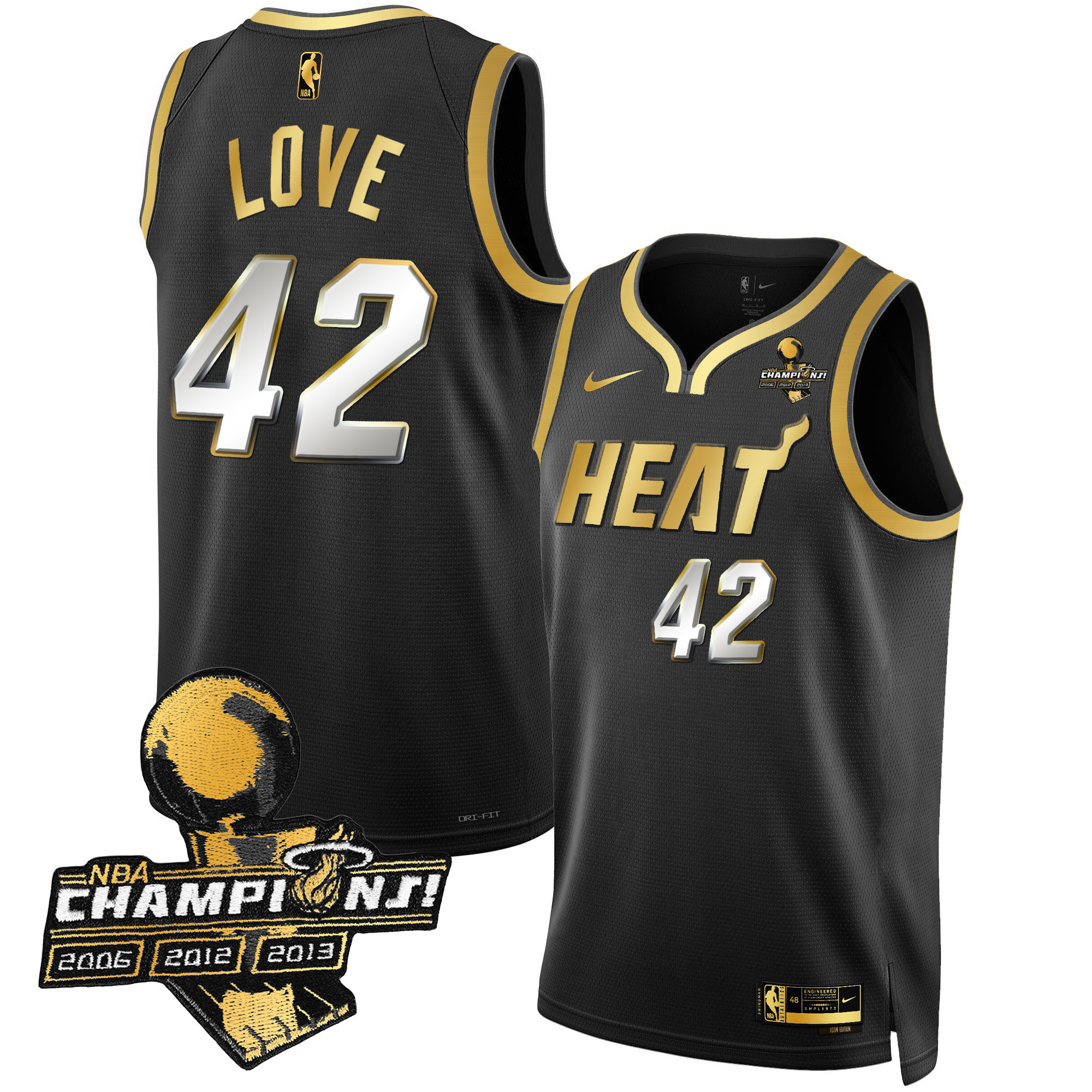 Kevin Love Men's Miami Heat 3-Time Champions Patch Collection Black Limited Jersey - All Stitched