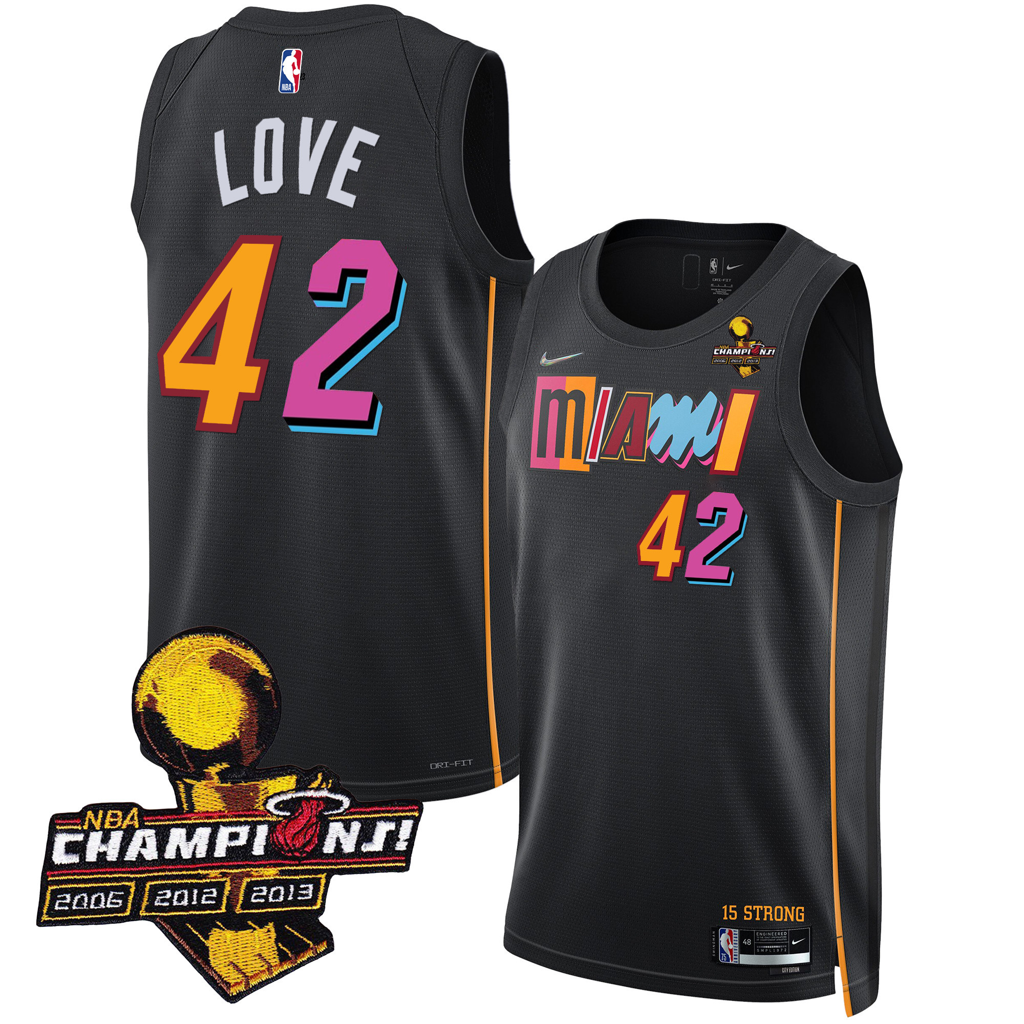 Kevin Love Men's Miami Heat 3-Time Champions Patch Collection City Black Jersey - All Stitched