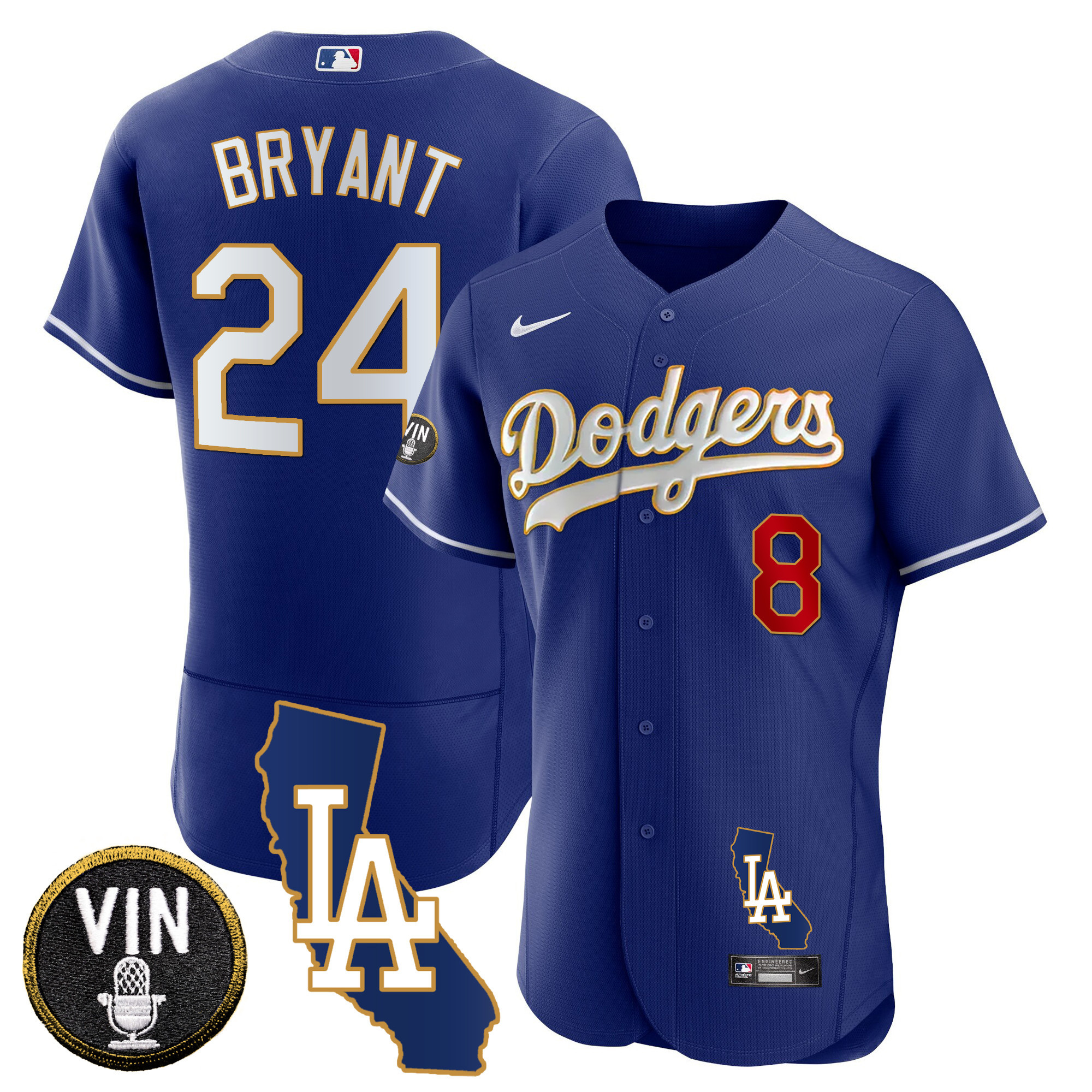 Kobe Bryant Men's Los Angeles Dodgers California Patch Gold Trim Flex Base Royal Jersey