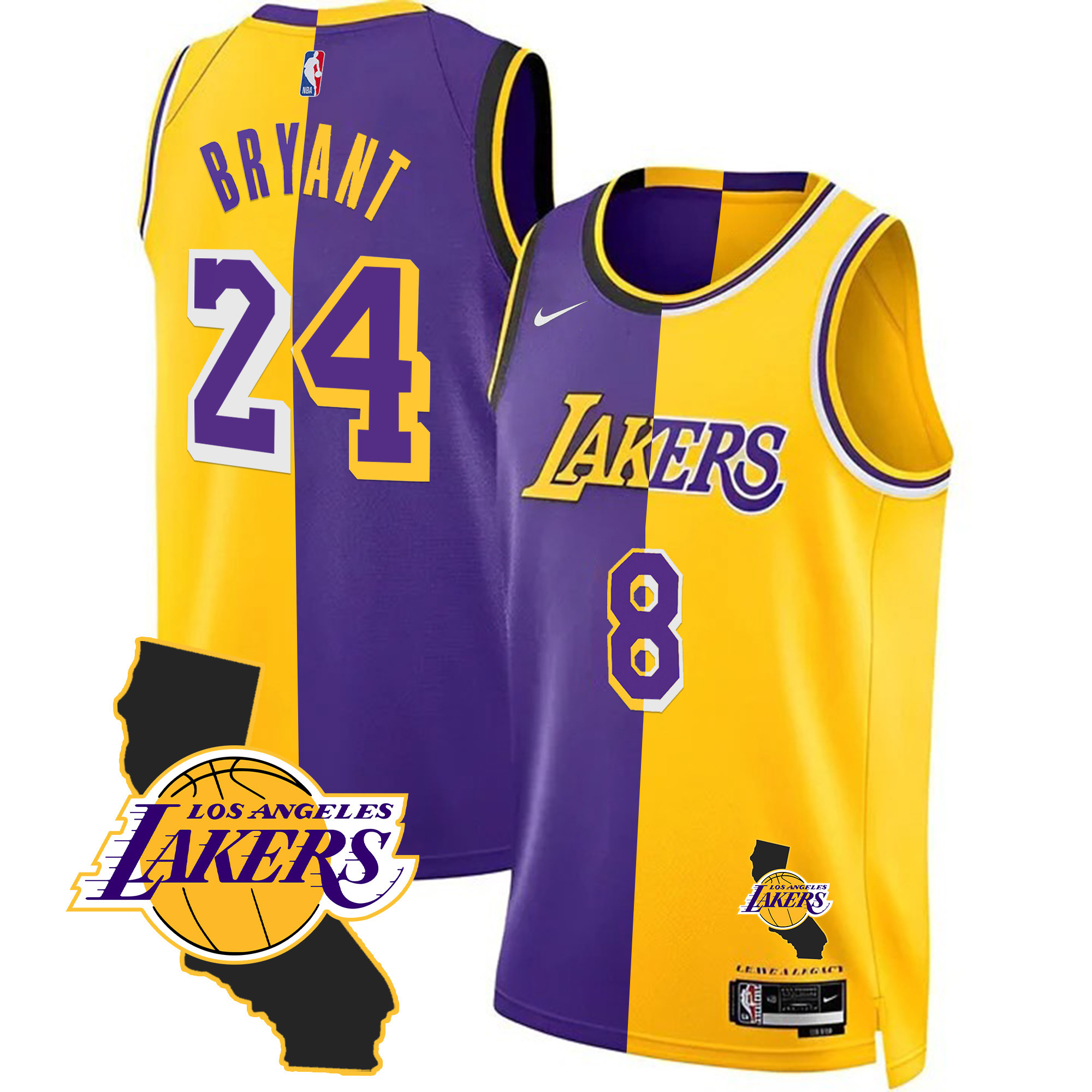 Kobe Bryant Men's Los Angeles Lakers California Patch Split Jersey - All Stitched