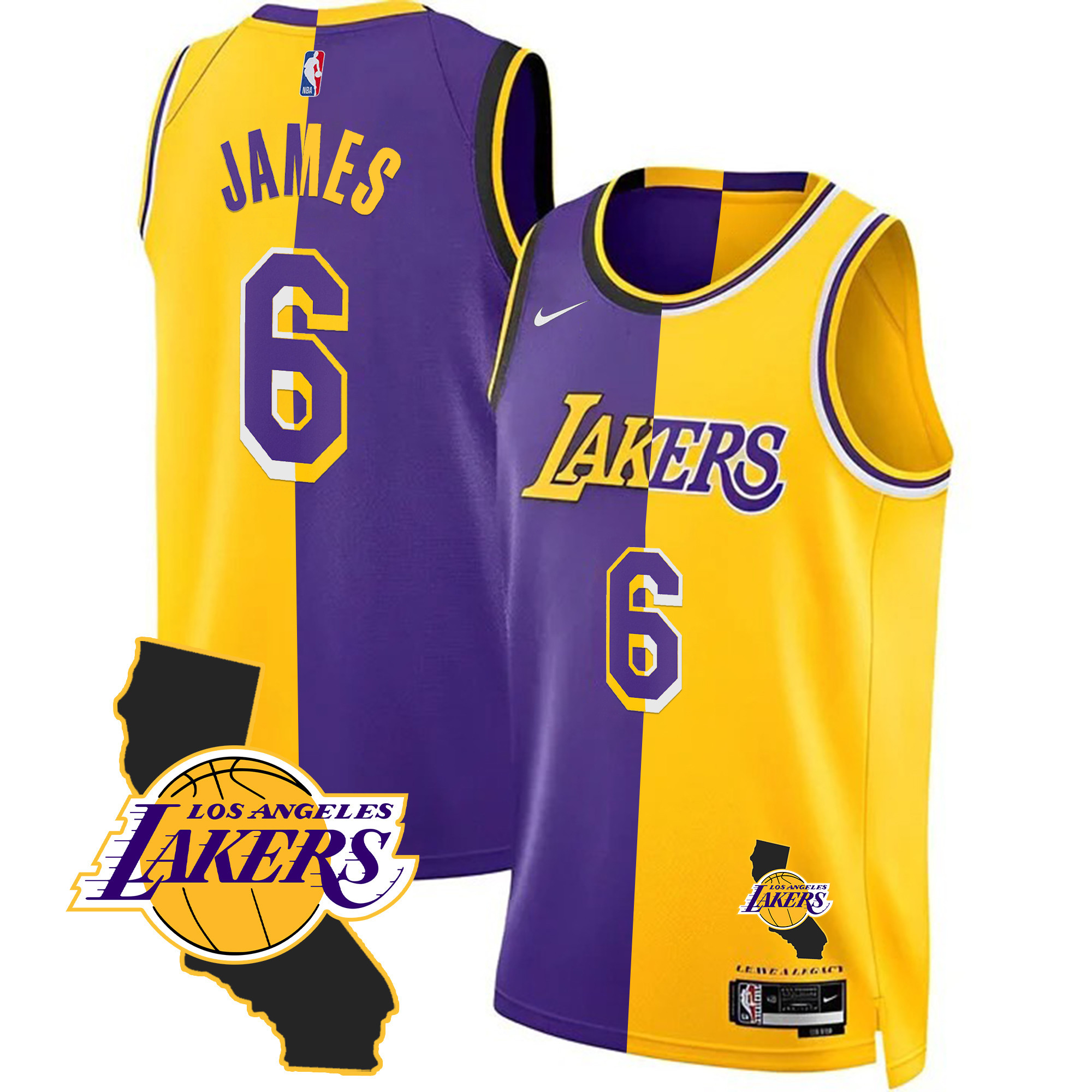 LeBron James Men's Los Angeles Lakers California Patch Split Jersey - All Stitched