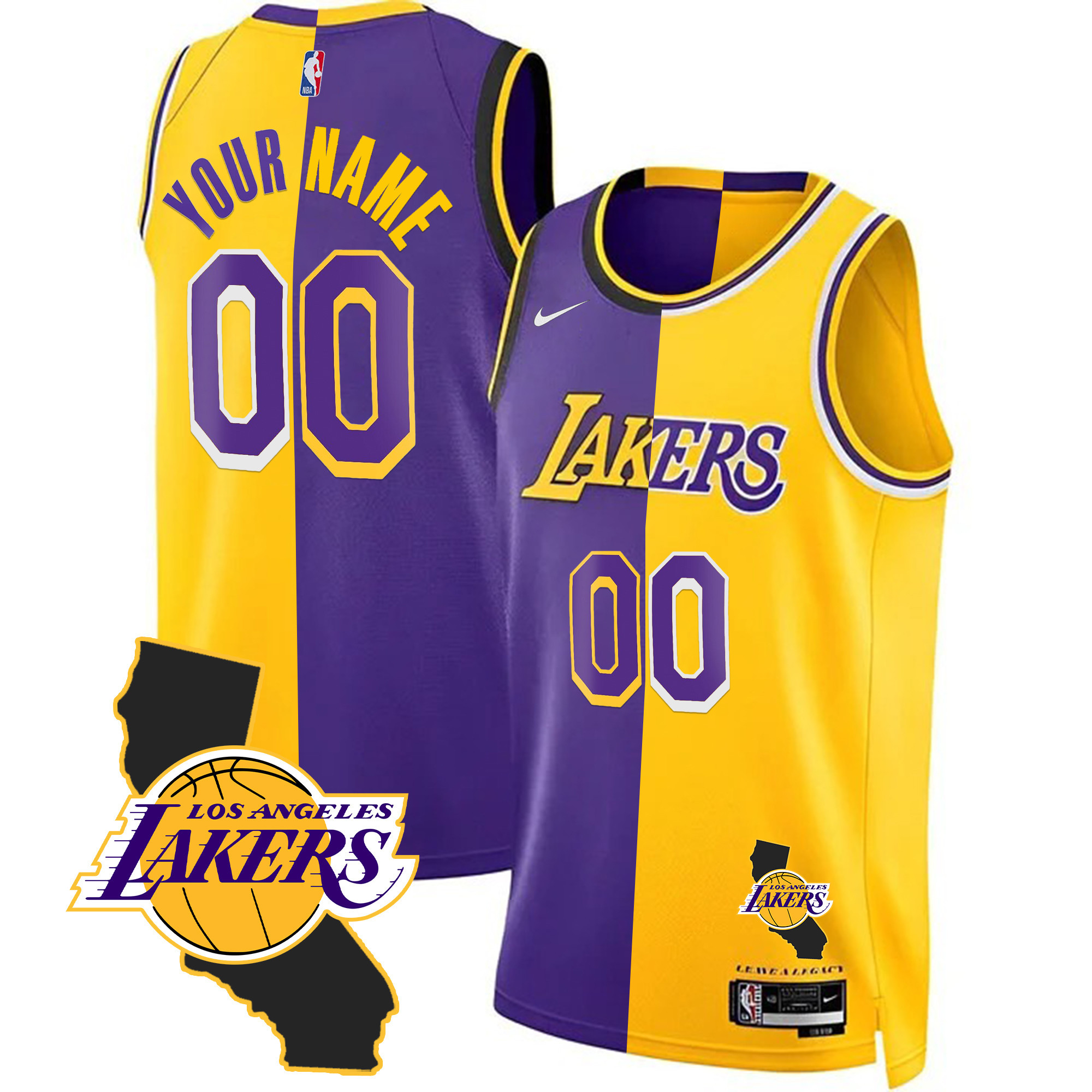 Los Angeles Lakers California Patch Custom Split Jersey - All Stitched