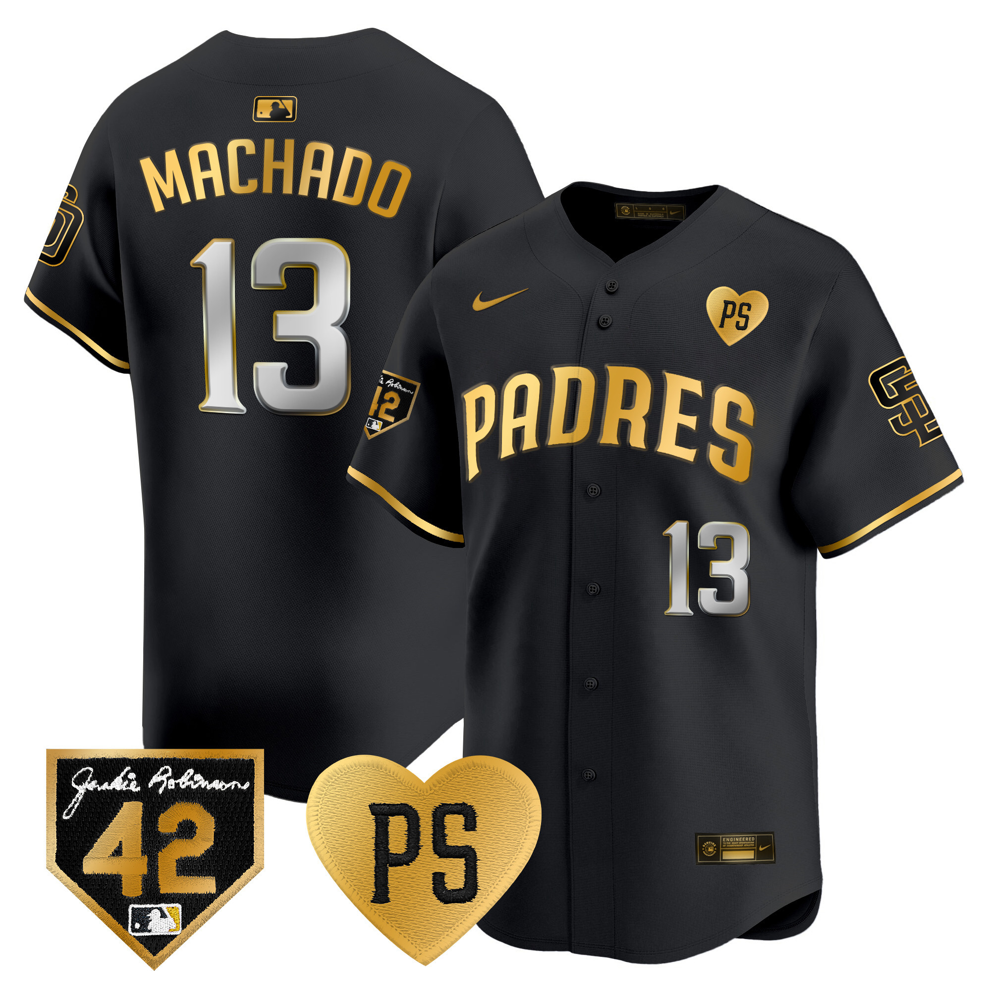 Manny Machado Men's San Diego Padres "For Peter" & Robinson Patch Vapor Premier Limited Black Gold Jersey