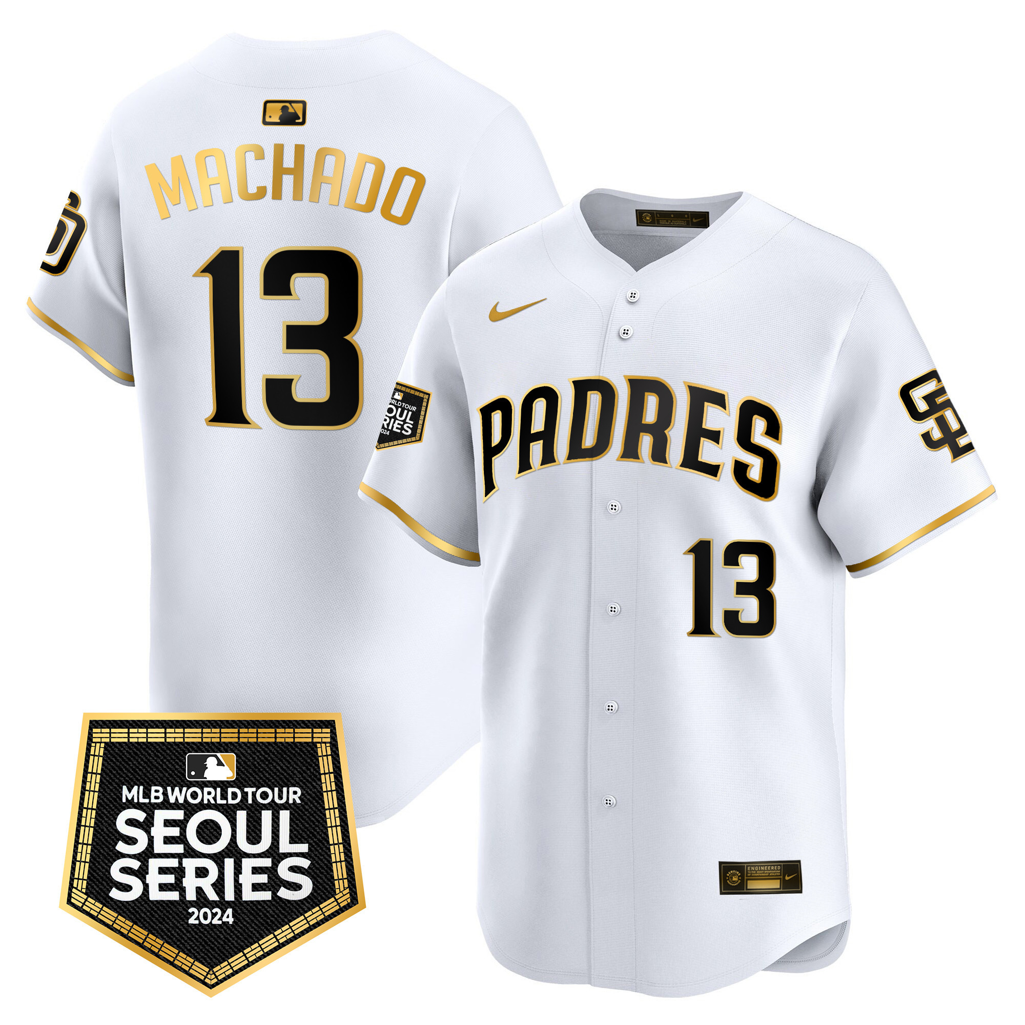 Manny Machado Men's San Diego Padres World Tour Seoul Series Patch Vapor Premier Limited White Gold Jersey
