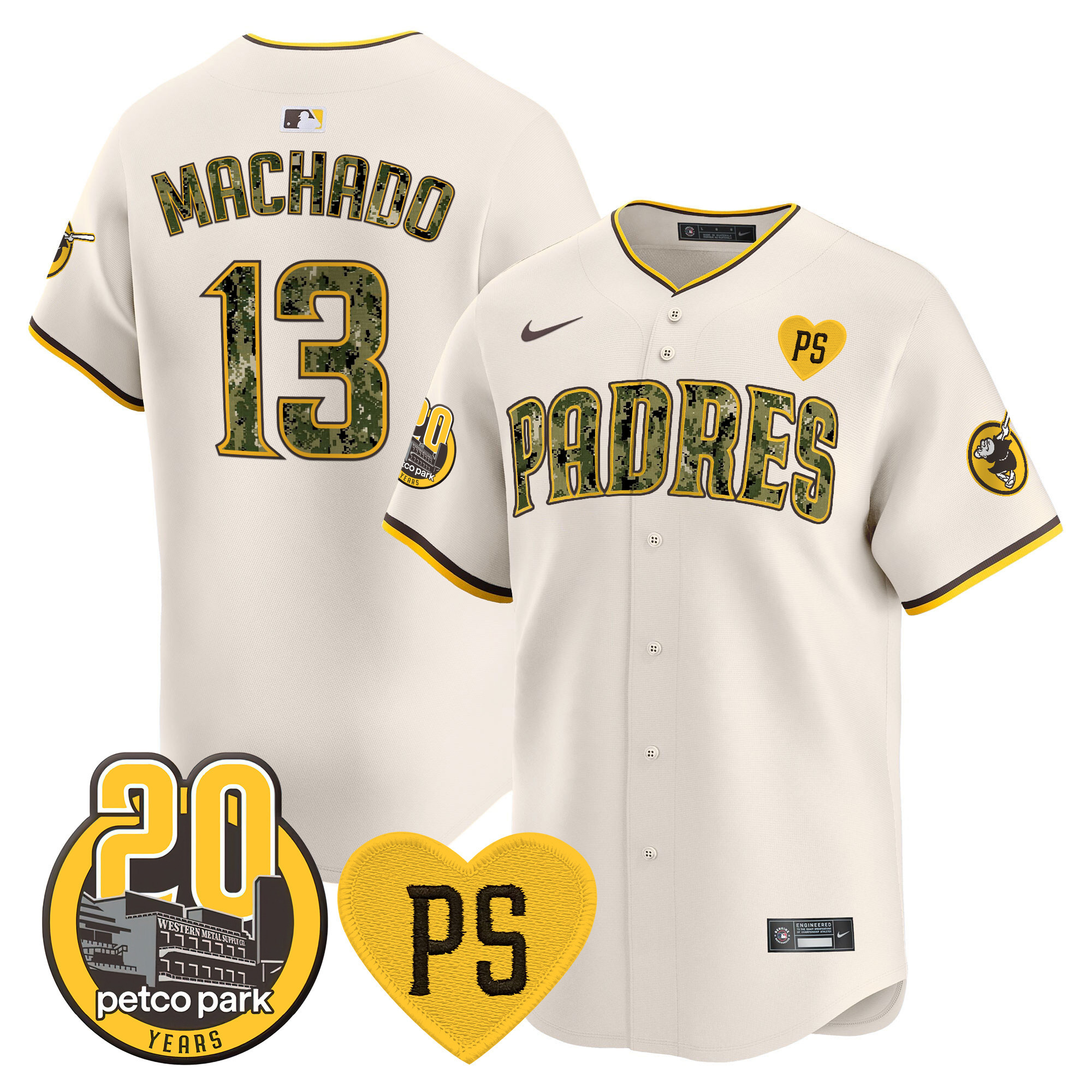 Manny Machado Men's San Diego Padres "For Peter" & Petco Park 20th Patch USMC Vapor Premier Limited V2 Cream Jersey