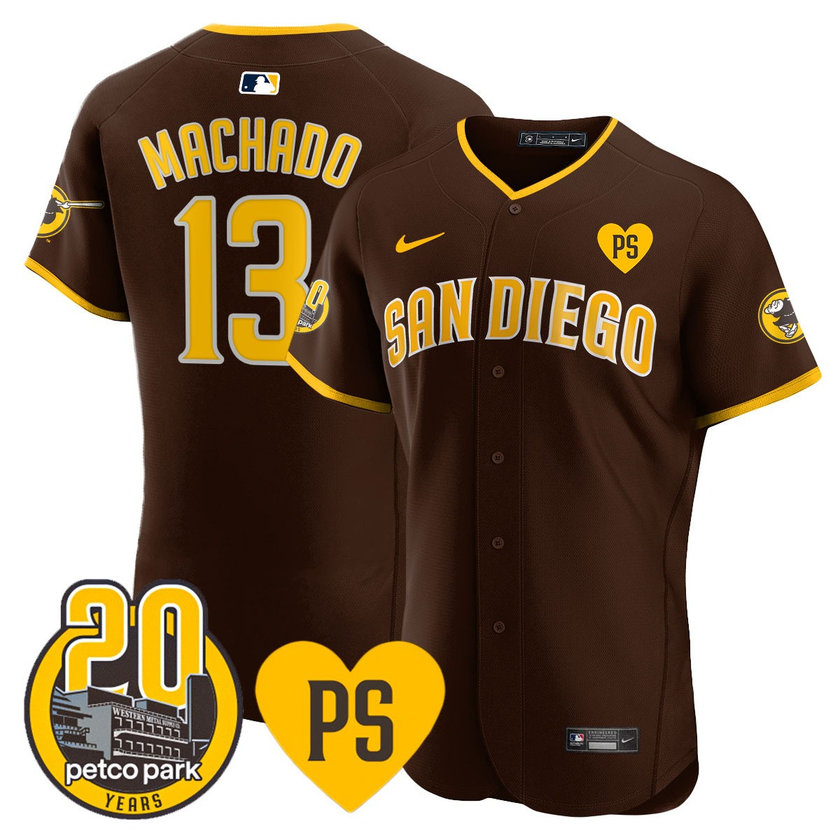 Manny Machado Men's San Diego Padres "For Peter" & Petco Park 20th Patch Vapor Premier Elite Brown Jersey