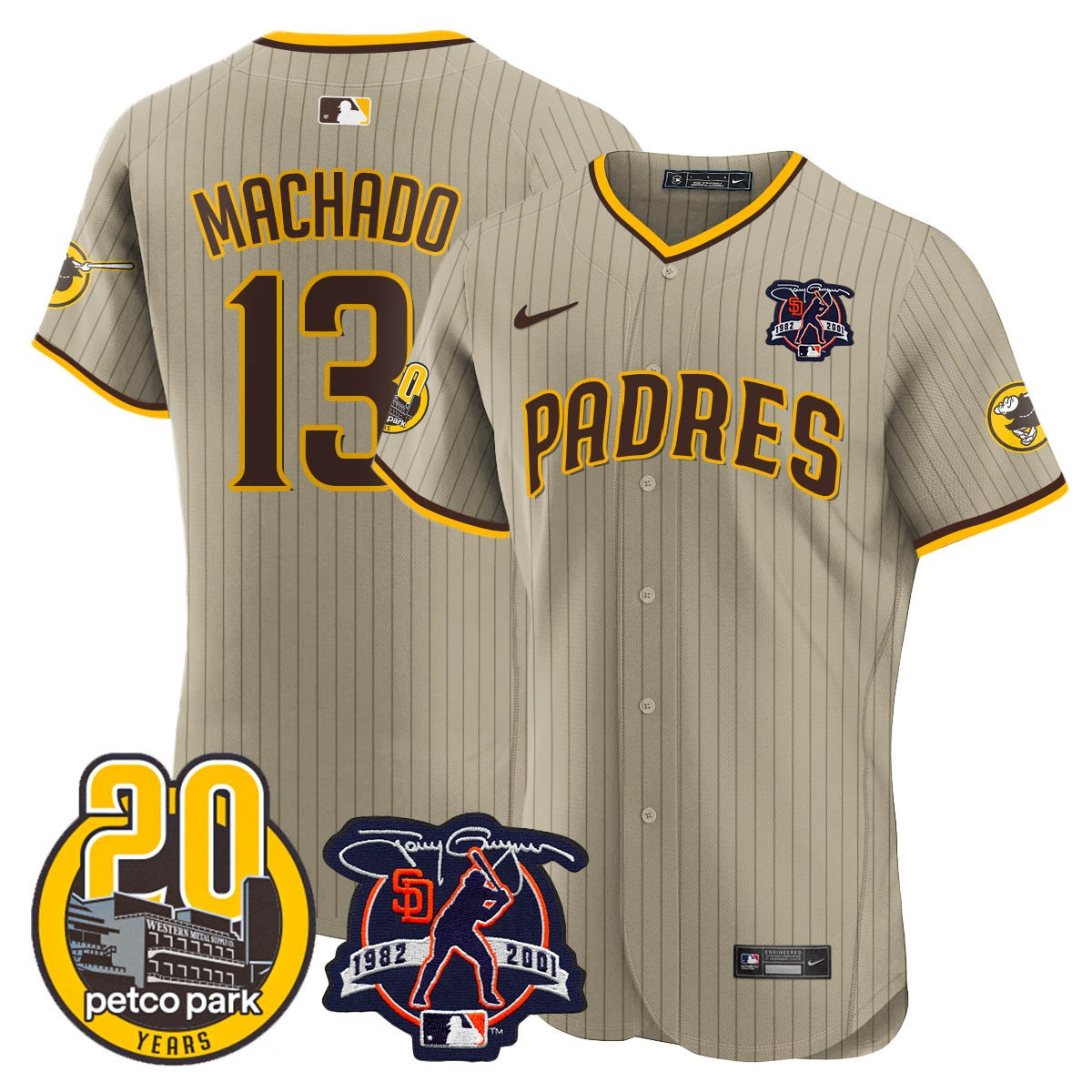 Manny Machado Men's San Diego Padres Tony Gwynn & Petco Park 20th Patch Vapor Premier Elite Tan Jersey