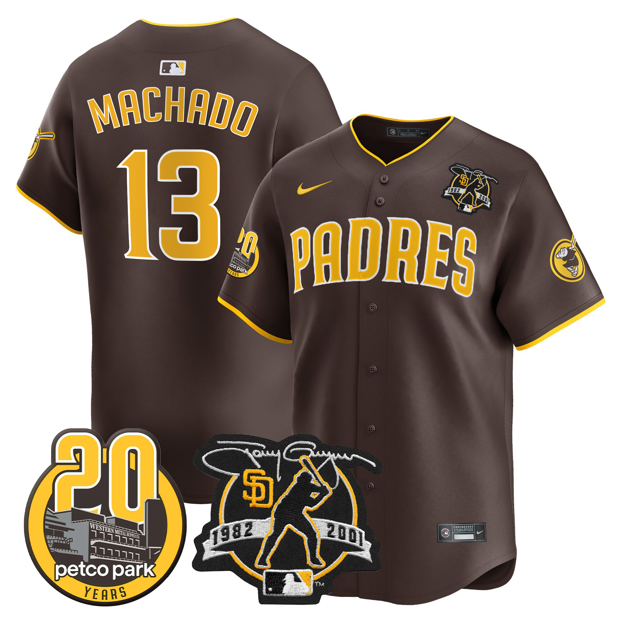 Manny Machado Men's San Diego Padres Tony Gwynn & Petco Park 20th Patch Vapor Premier Limited Brown Jersey