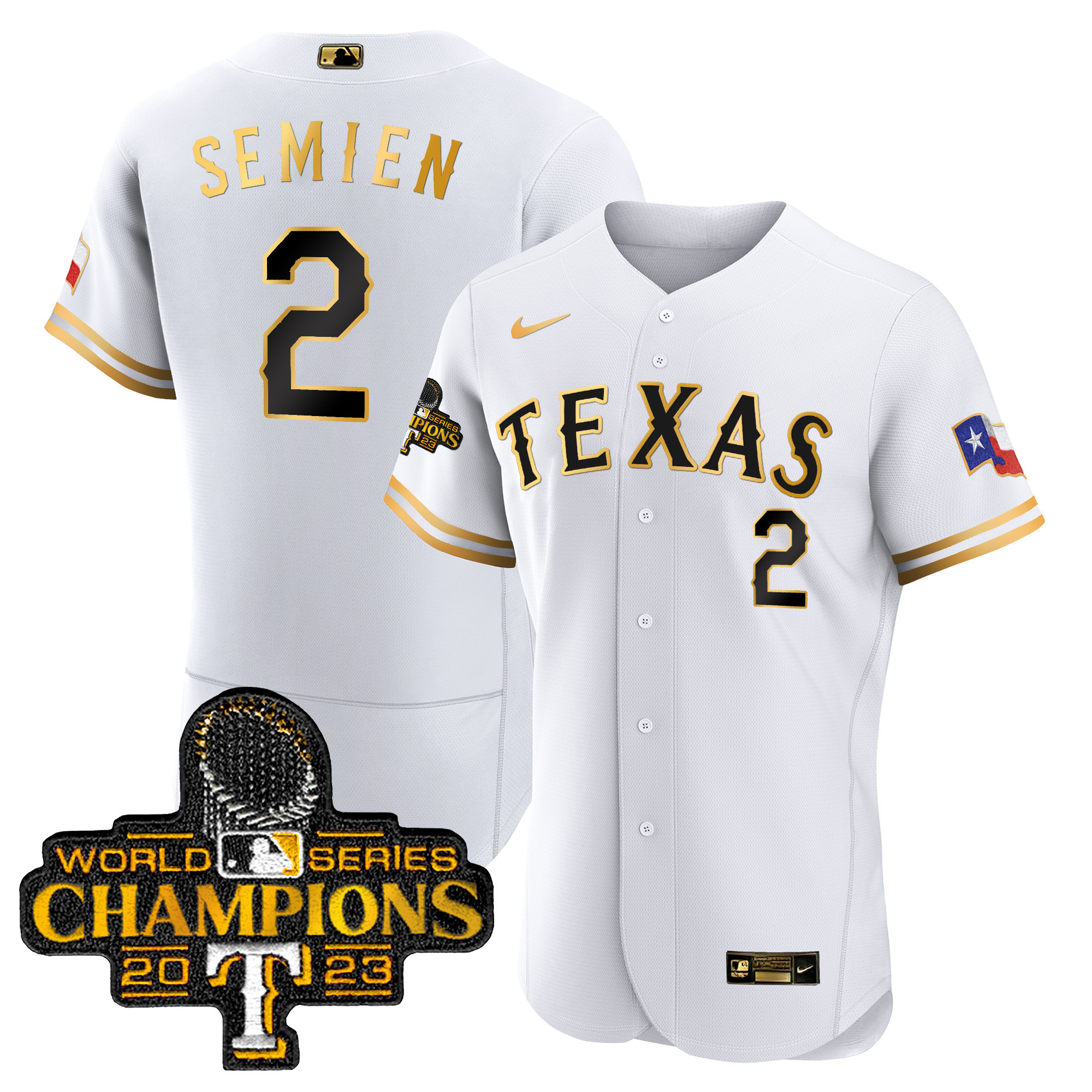Marcus Semien Men's Texas Rangers World Series Champions Flex Base White Gold Jersey