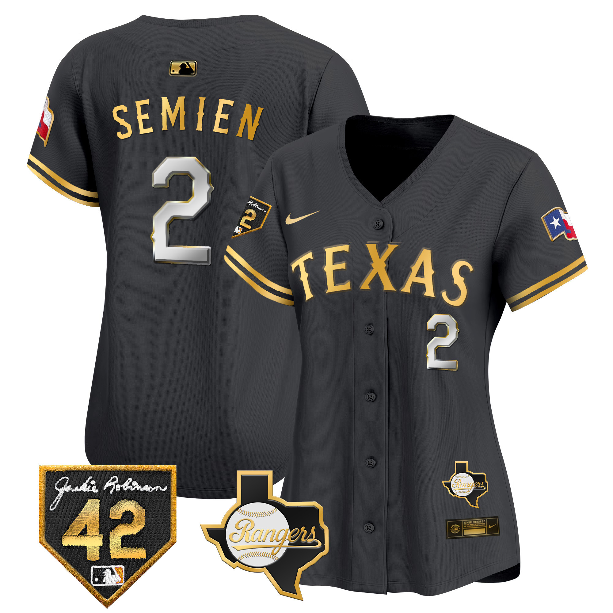 Marcus Semien Women's Texas Rangers Jackie Robinson Patch Vapor Premier Limited Black Gold Jersey