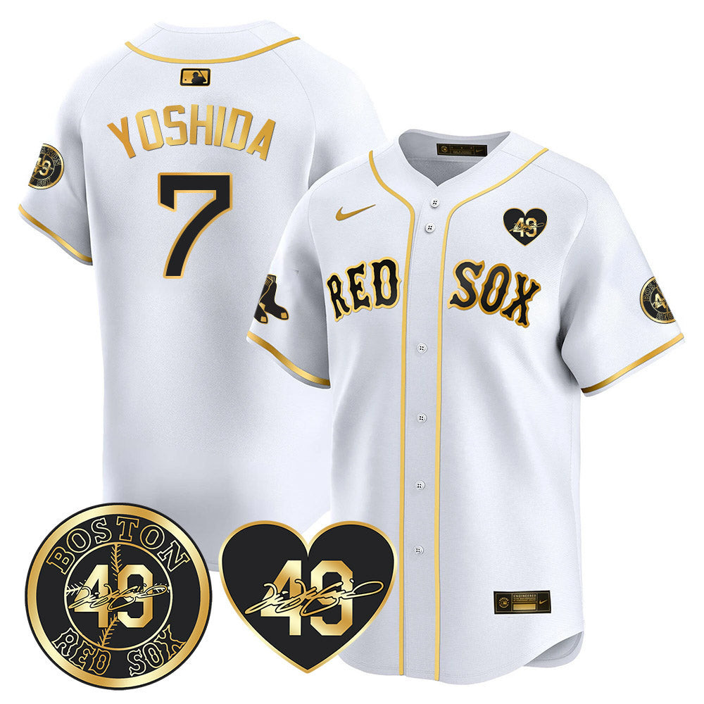 Masataka Yoshida Men's Boston Red Sox Tim Wakefield Memorial Patch Vaper Premier Limited White Gold Jersey - All Stitched