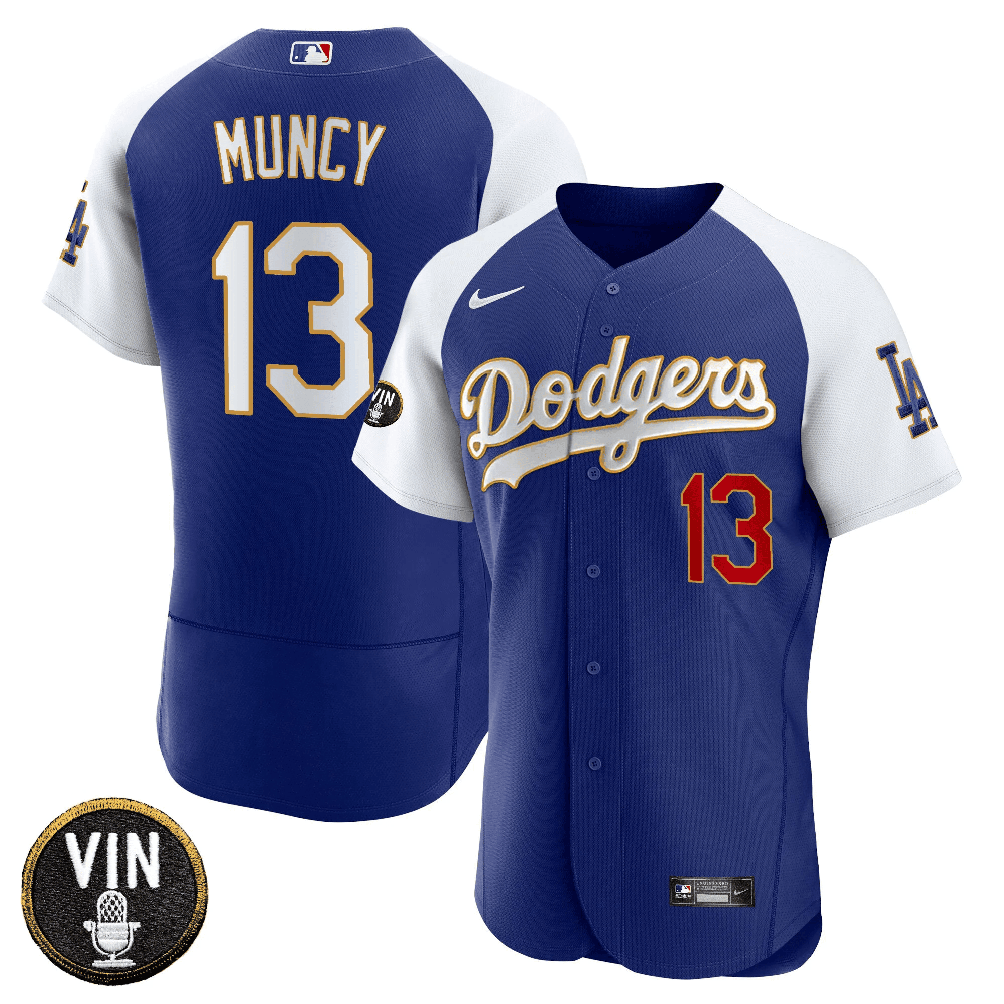 Max Muncy Men's Los Angeles Dodgers Vin Scully Patch Flex Base Gold Trim Flex Royal Jersey