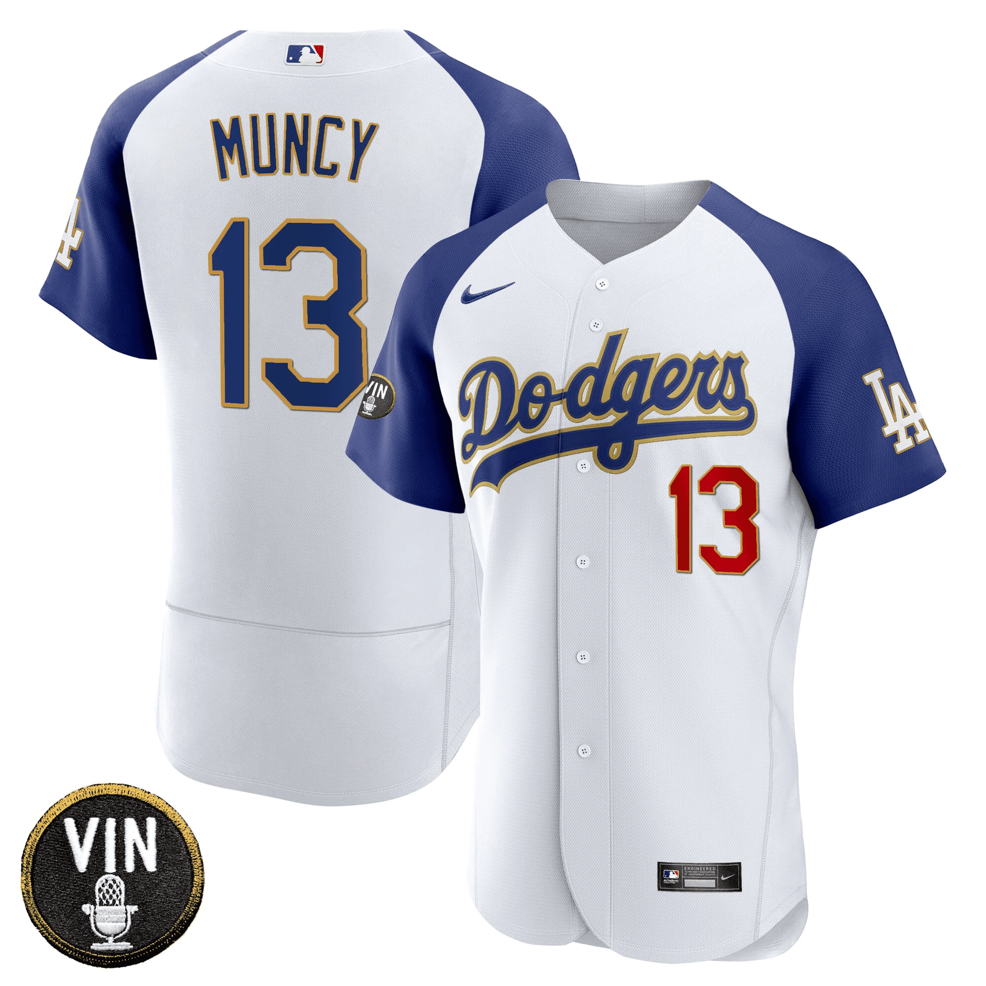 Max Muncy Men's Los Angeles Dodgers Vin Scully Patch Flex Base Gold Trim Flex White Jersey