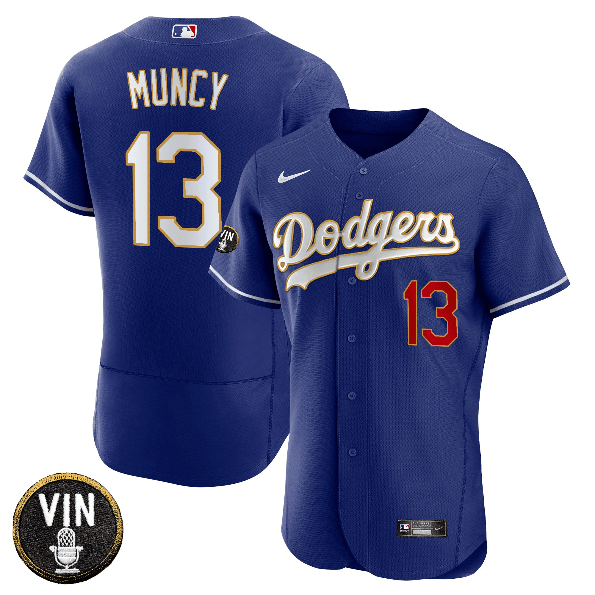 Max Muncy Men's Los Angeles Dodgers Vin Scully Patch Flex Base Gold Trim Royal Jersey