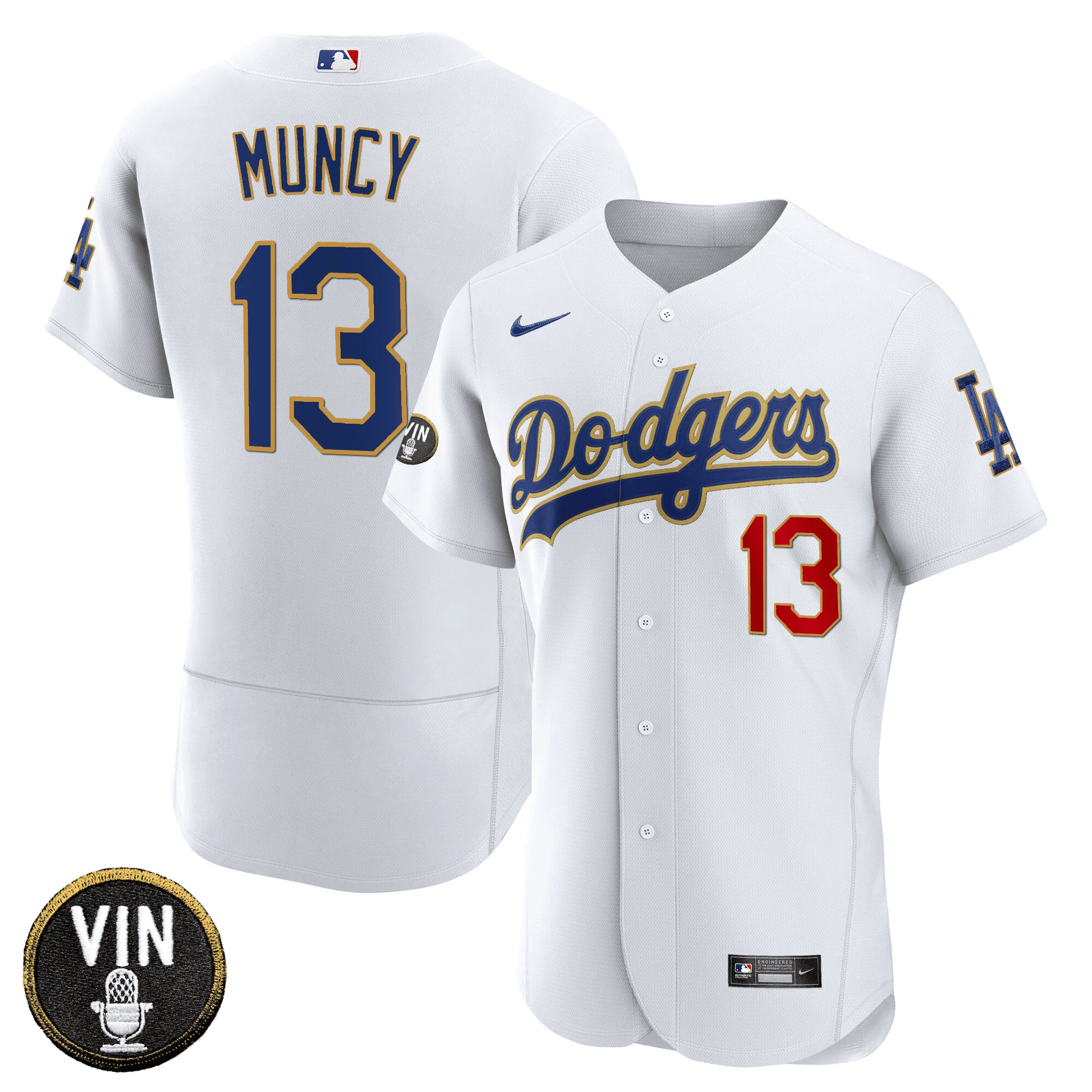 Max Muncy Men's Los Angeles Dodgers Vin Scully Patch Flex Base Gold Trim White Jersey