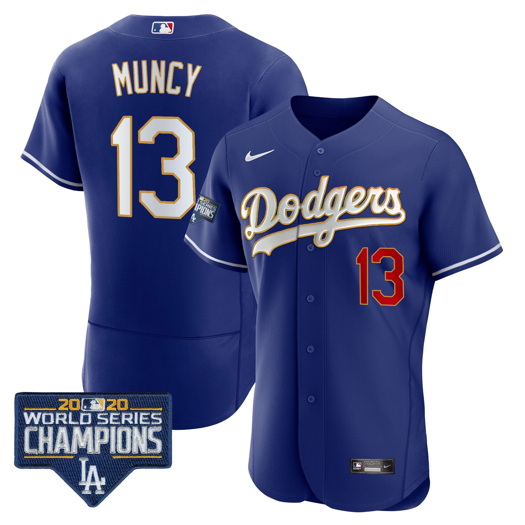 Max Muncy Men's Los Angeles Dodgers World Series Champions Patch Flex Base Gold Trim Royal Jersey