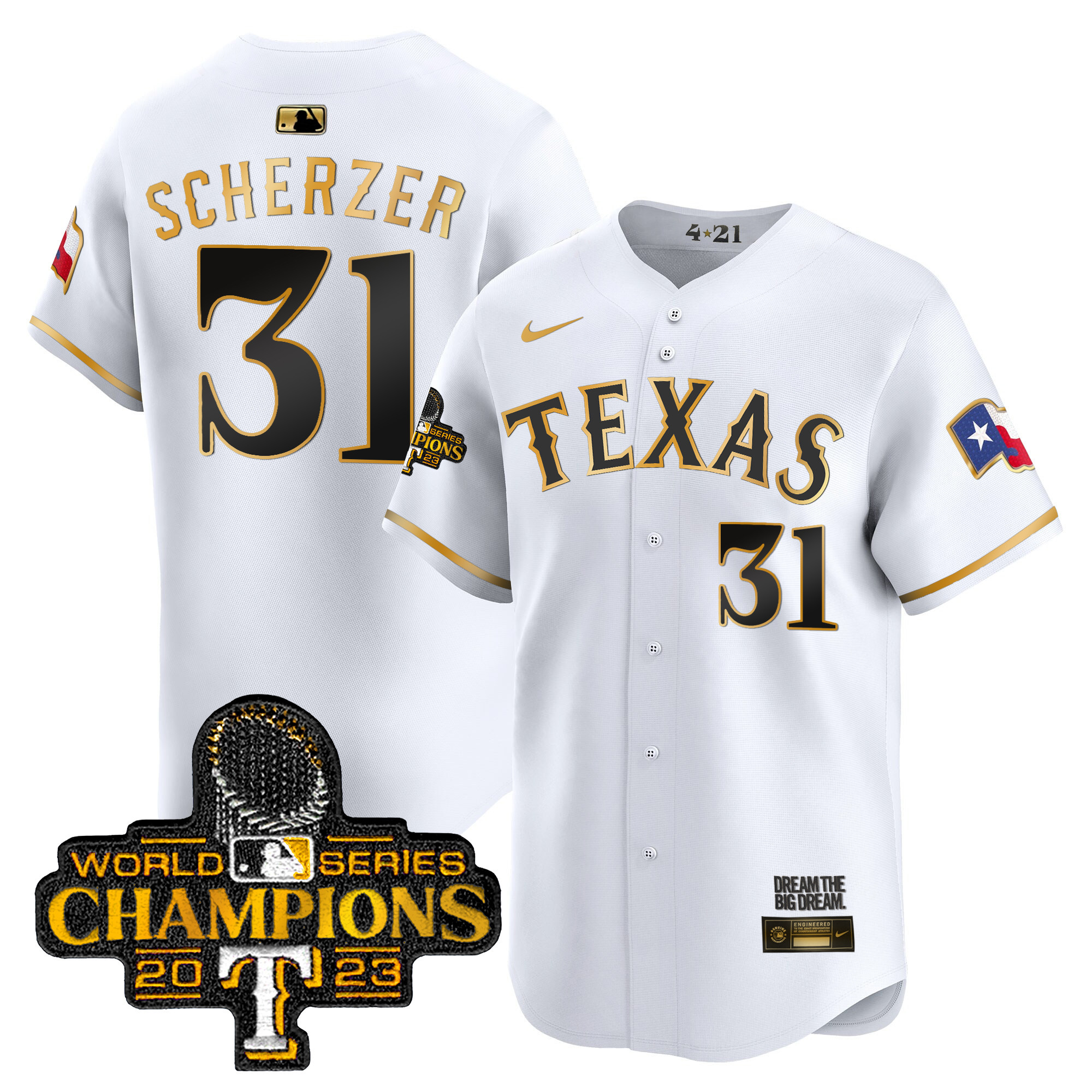Max Scherzer Men's Texas Rangers World Series Champions City Connect Vapor Premier Limited White Gold Jersey
