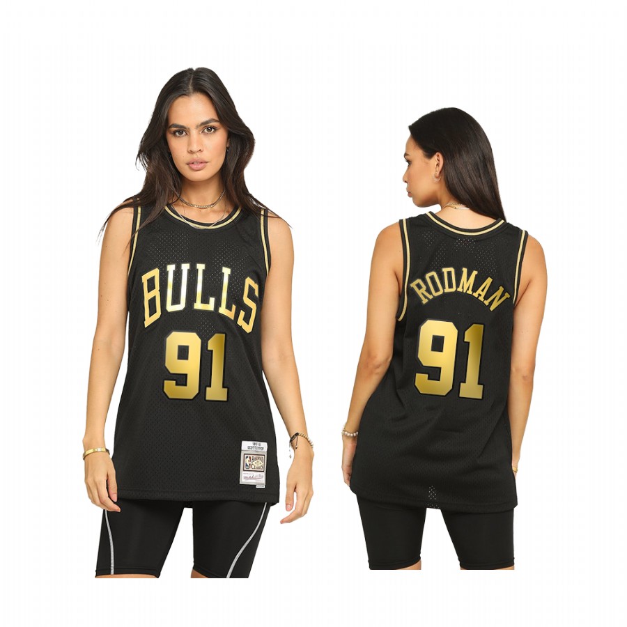 Men Dennis Rodman Chicago Bulls Throwback Black Jersey Golden Limited Allocation