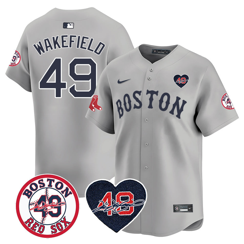 Men's Boston Red Sox Tim Wakefield Memorial Patch Vaper Premier Limited Gray Jersey - All Stitched