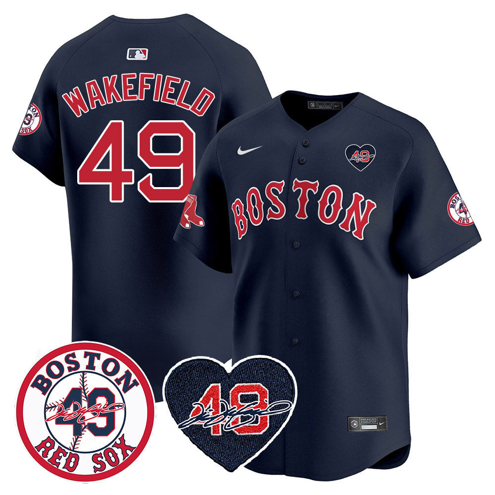 Men's Boston Red Sox Tim Wakefield Memorial Patch Vaper Premier Limited Navy Jersey - All Stitched