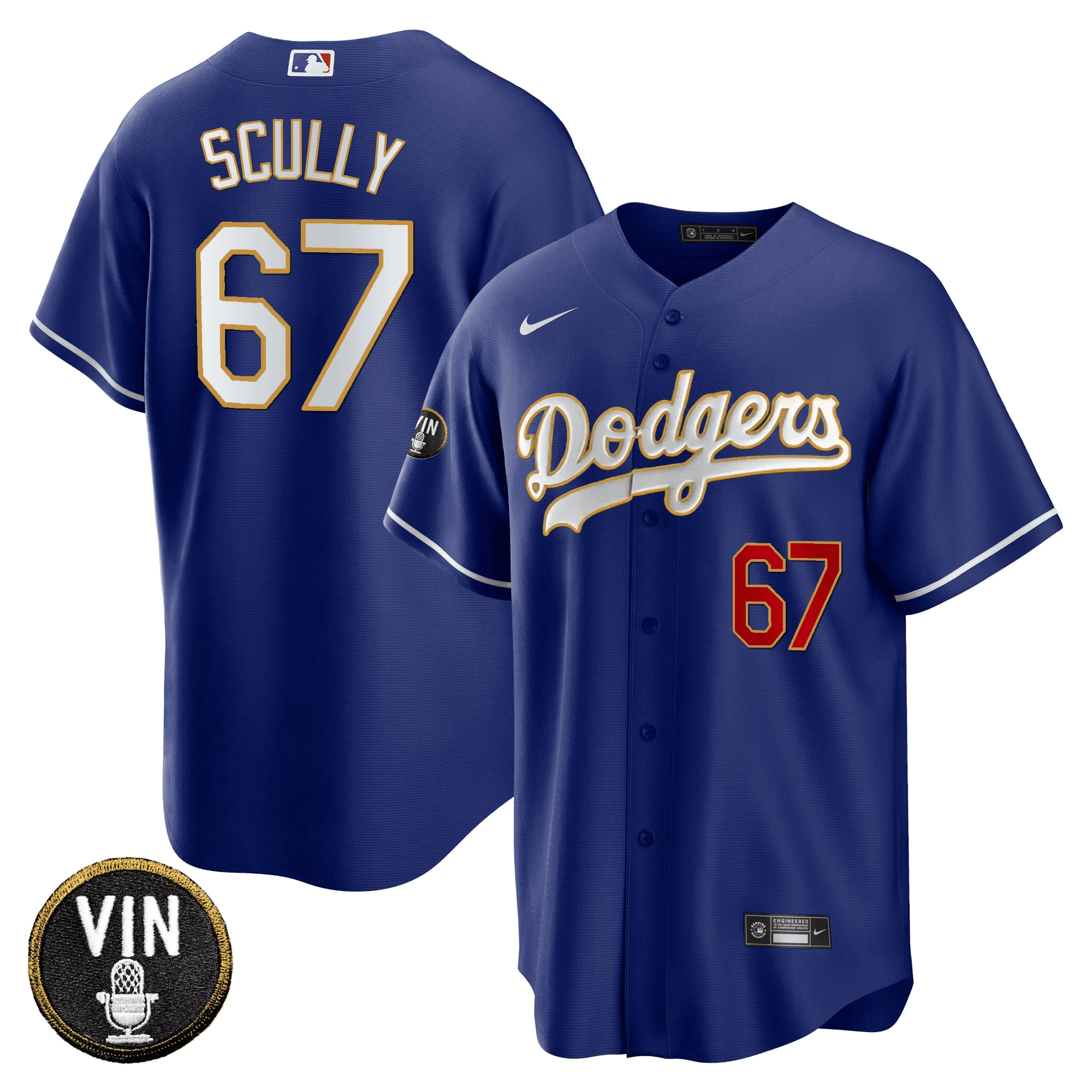 Men's Los Angeles Dodgers Vin Scully Patch Cool Base Gold Trim Royal Jersey