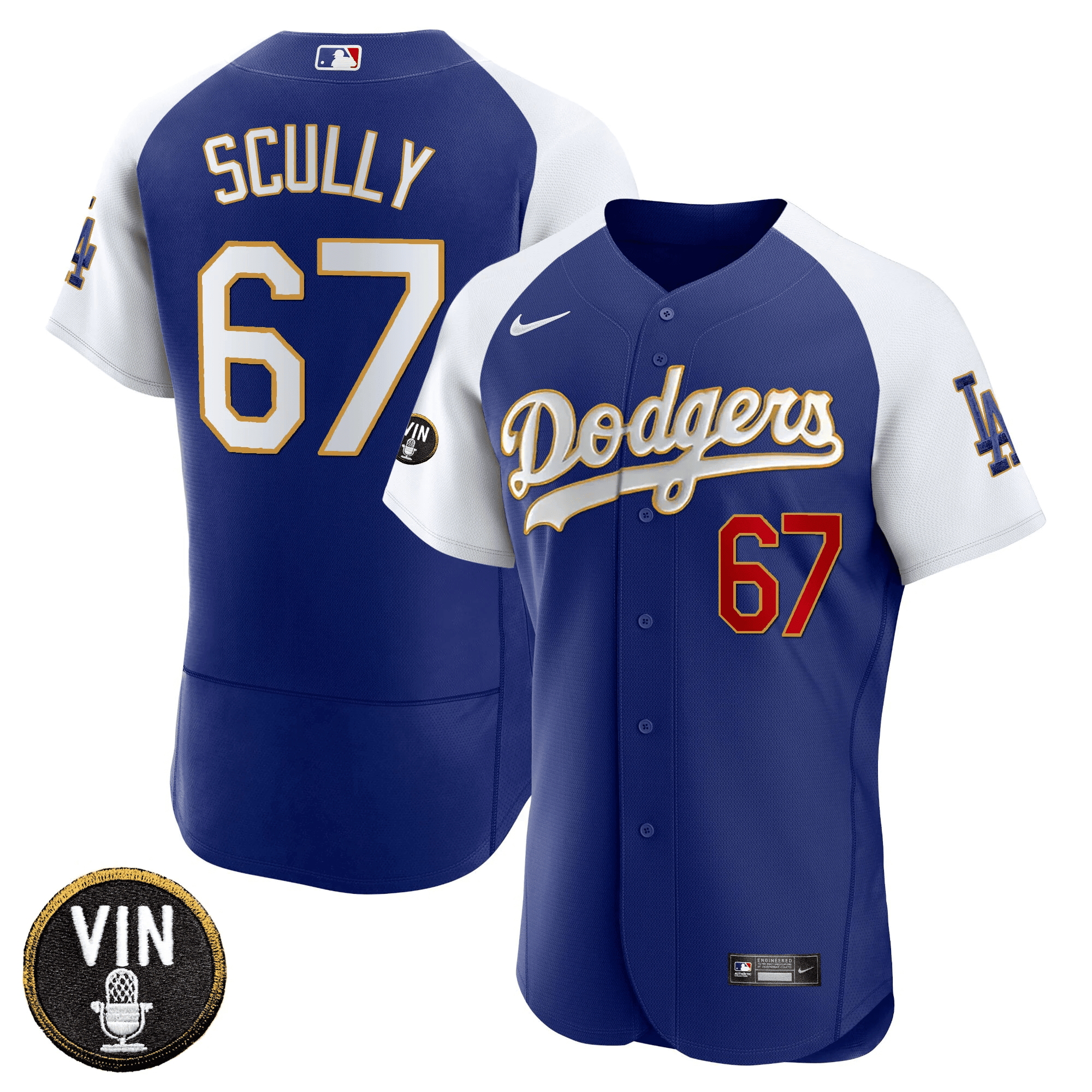 Men's Los Angeles Dodgers Vin Scully Patch Flex Base Gold Trim Flex Royal Jersey