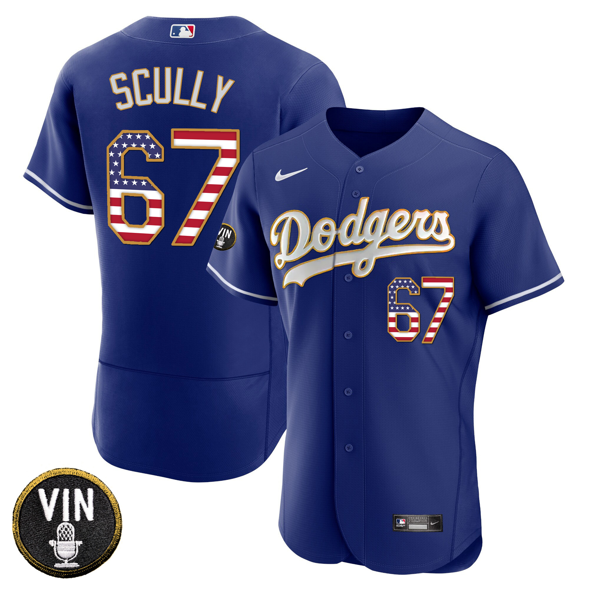 Men's Los Angeles Dodgers Vin Scully Patch Gold Trim Flag Flex Royal Jersey