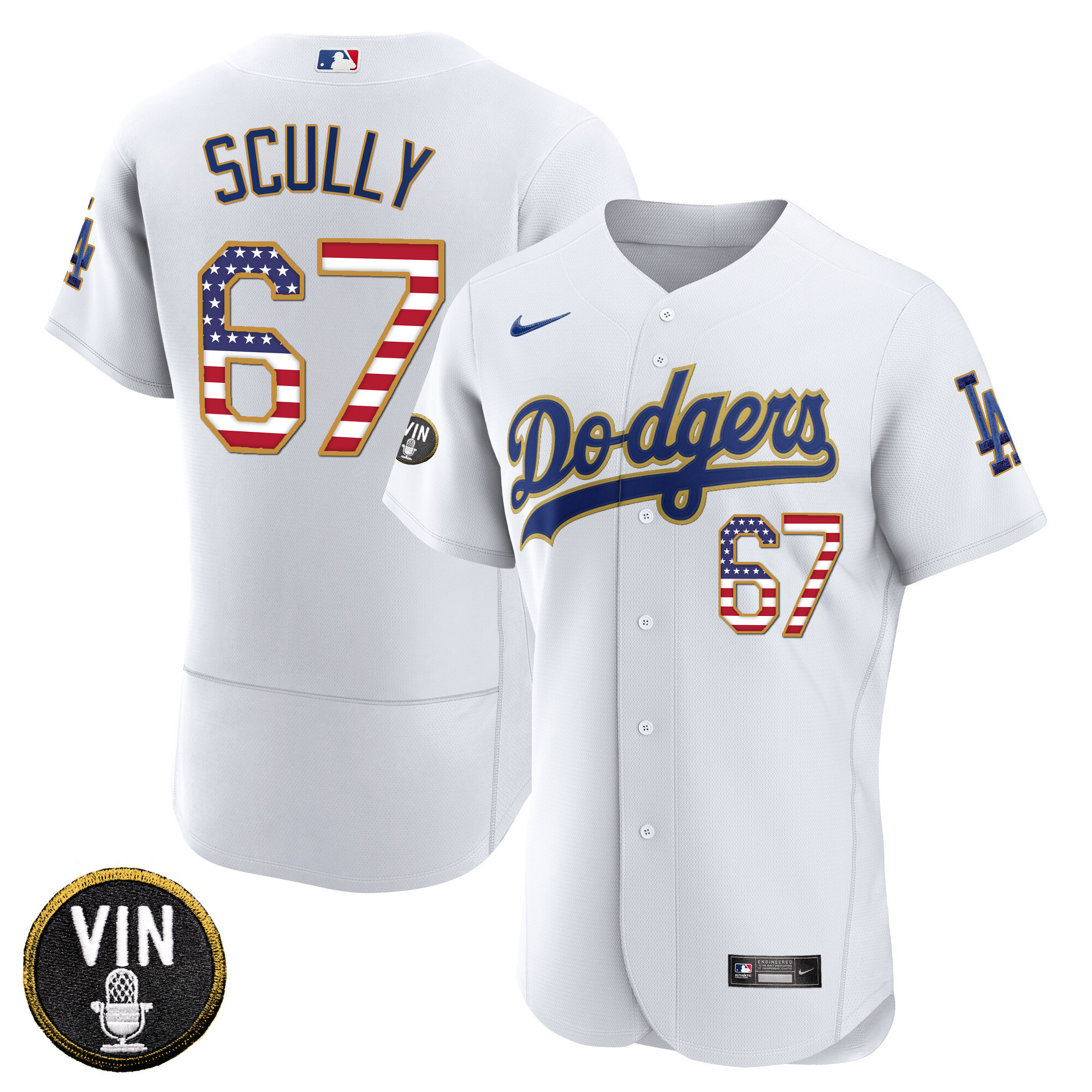 Men's Los Angeles Dodgers Vin Scully Patch Gold Trim Flag Flex White Jersey