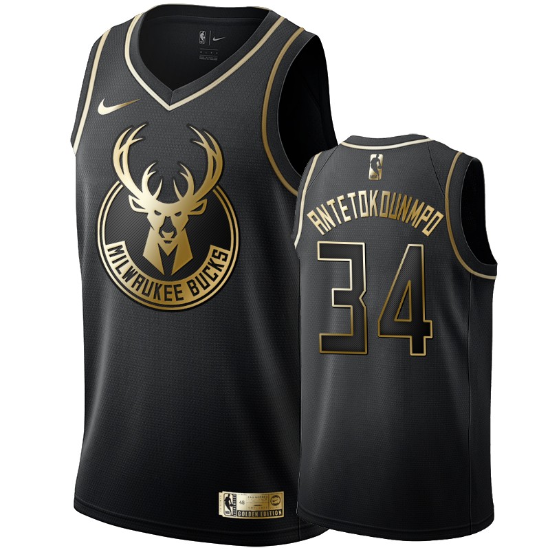 Men's Milwaukee Bucks Giannis Antetokounmpo Black #34 Golden Edition Swingman Jersey