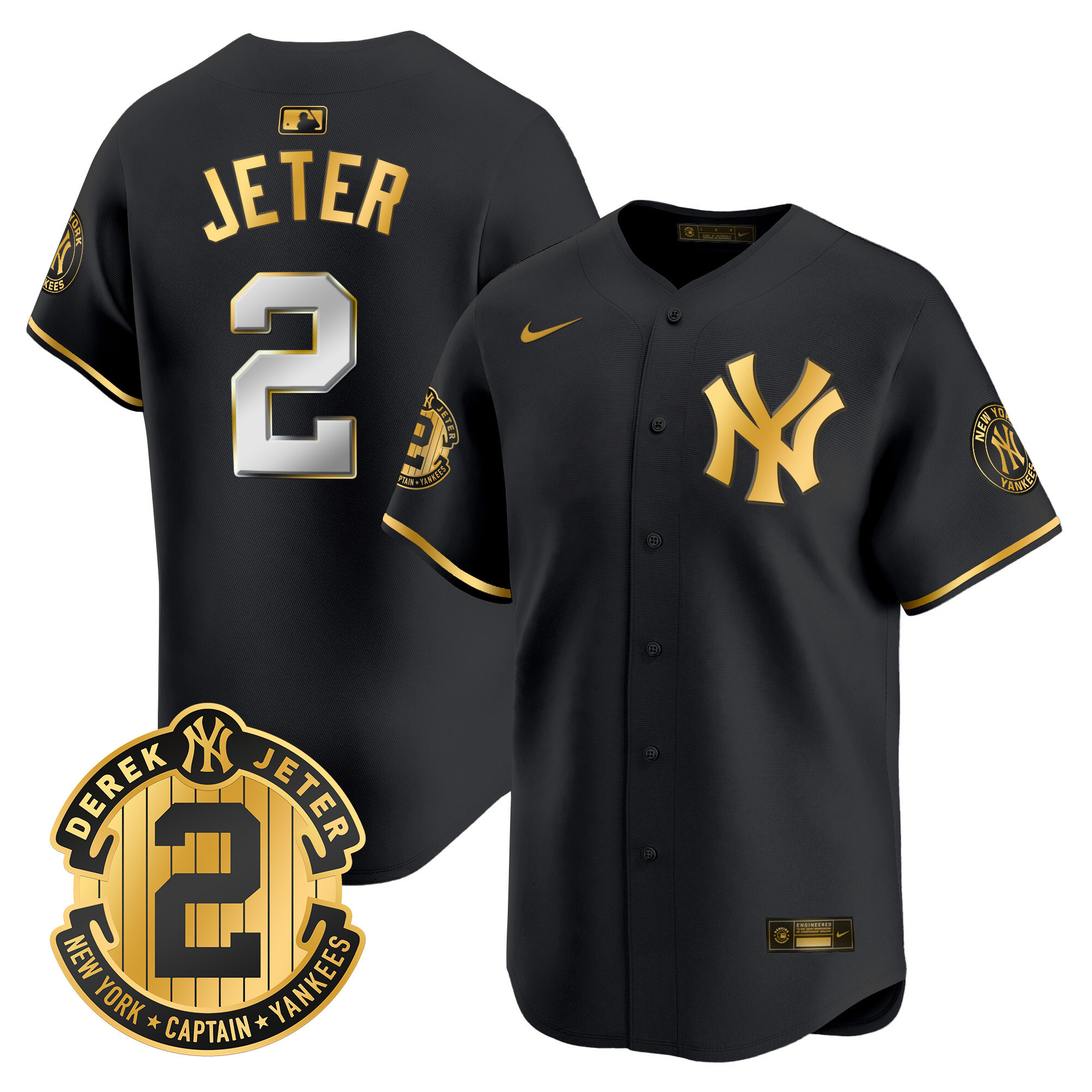 Men's New York Yankees Derek Jeter Patch Vapor Premier Limited Black Gold Jersey