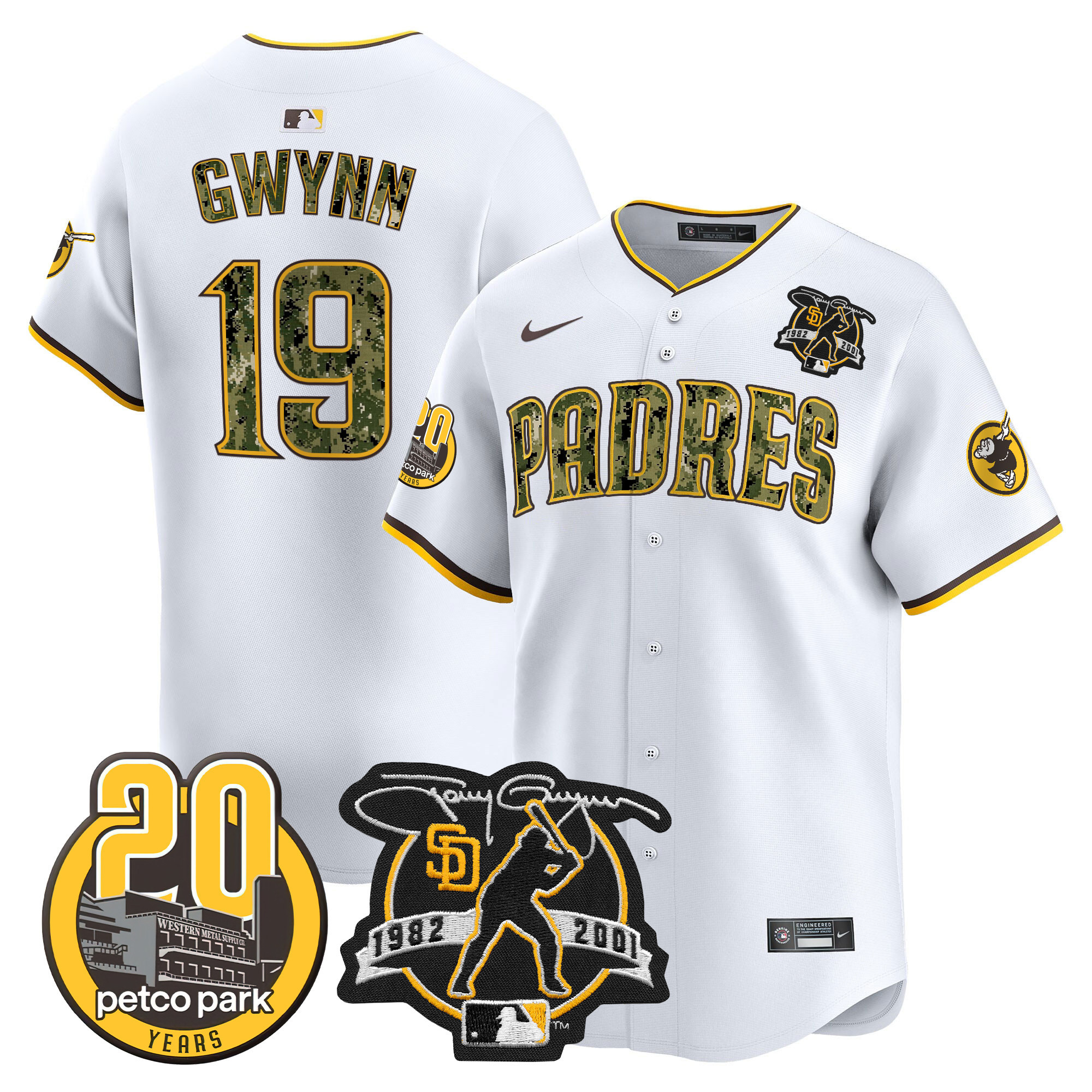 Men's San Diego Padres Tony Gwynn & Petco Park 20th Patch USMC Vapor Premier Limited V2 White Jersey